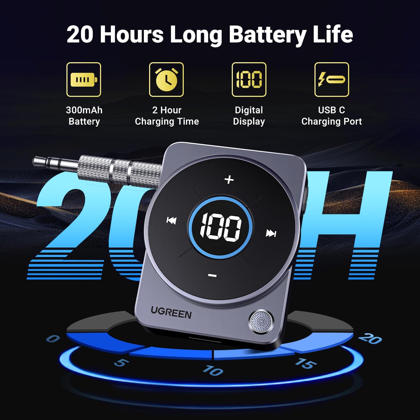 UGREEN 5.4 Bluetooth Car Adapter, [Noise Cancellation] Aux Bluetooth Receiver for Car, 3.5mm Wireless Audio Receiver for Music/Hands-Free Call/Home Stereo/Wired Speaker, 20H Battery Life