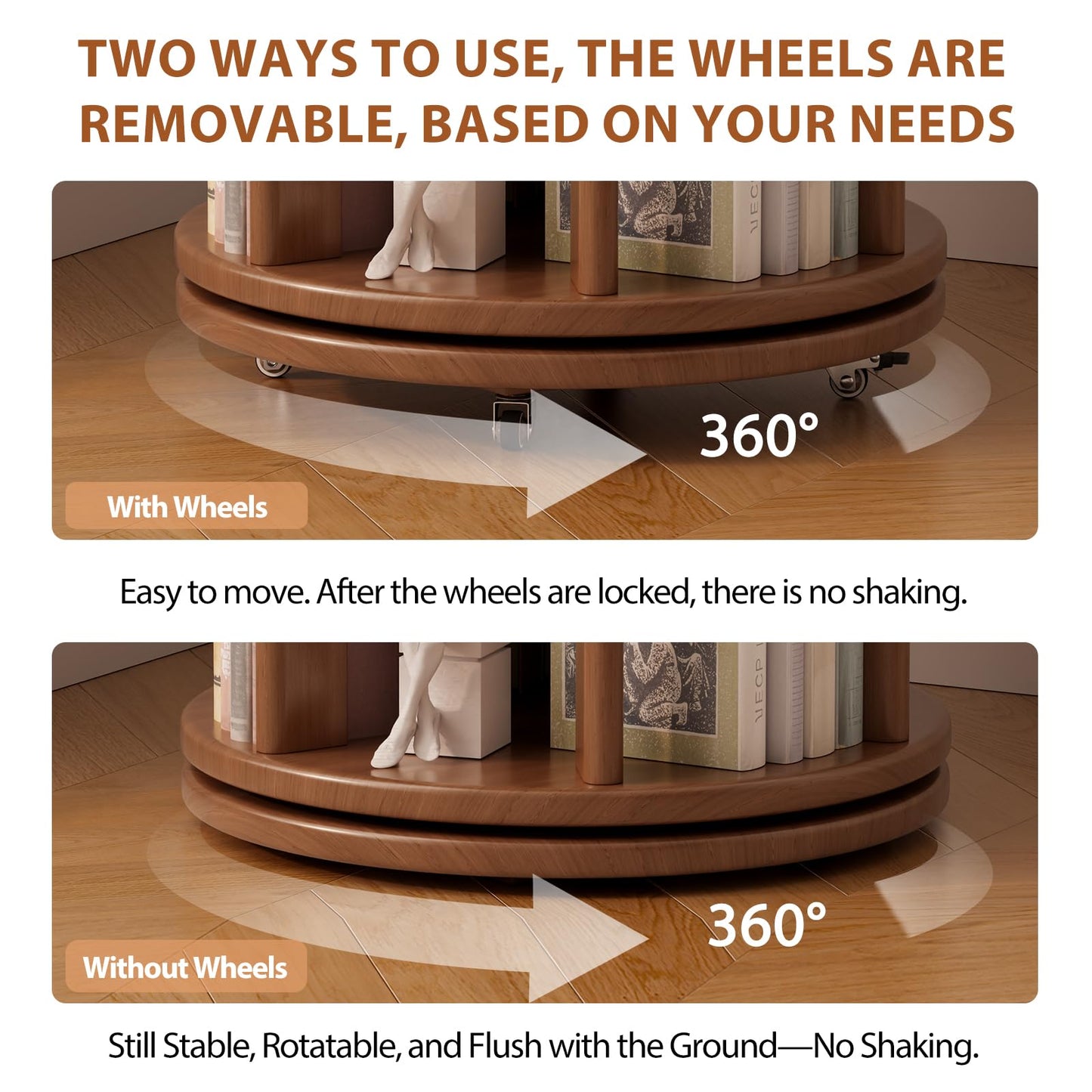 Muwuele Solid Wood Rotating Bookshelf on Wheels, 5 Tier, Round Revolving Bookcase, 360° Spinning Book Shelf Tower for Kids, Narrow Rolling Bookshelves for Small Space, Corner, Bedroom, Office, Walnut