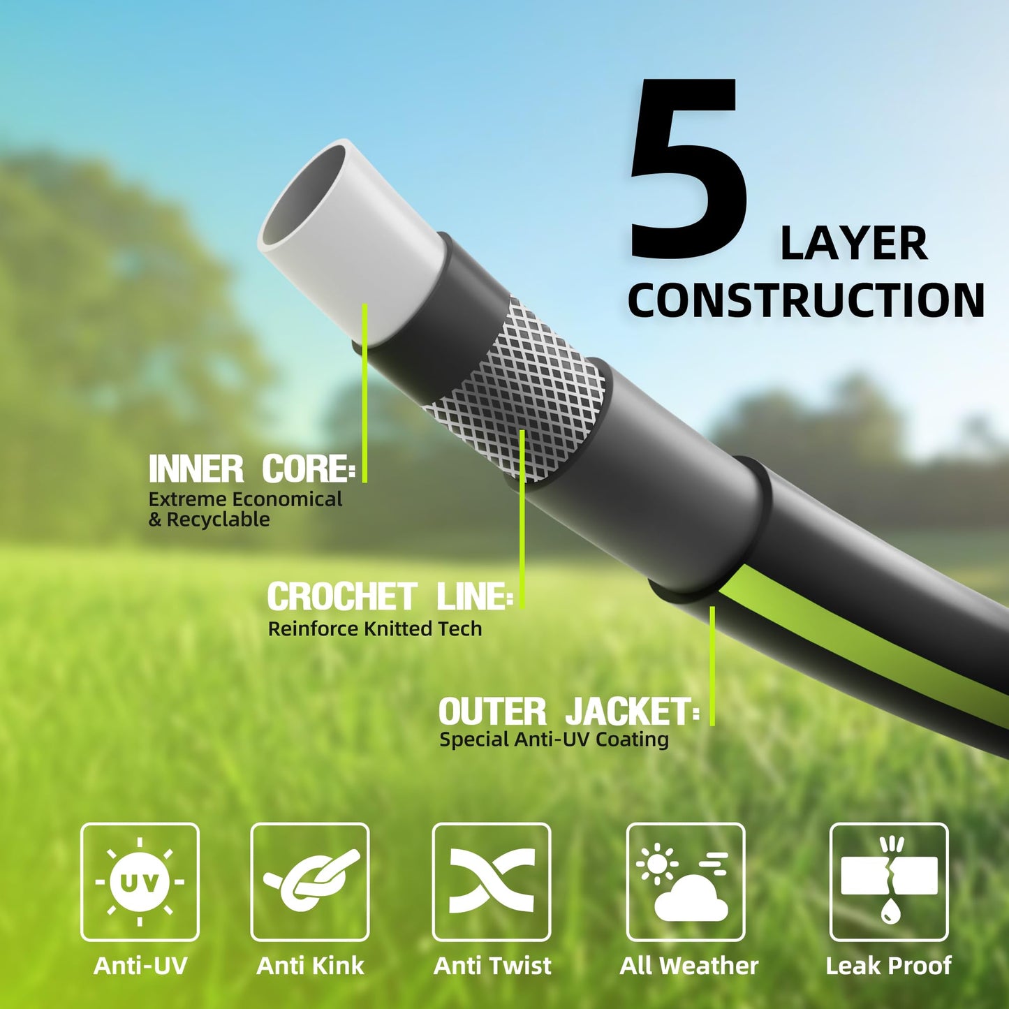 Worth Leader Short Garden Hose 5/8 in. x 12 ft. -No Kink, Flexible, Leakproof, Male to Female Fittings -Heavy Duty Durable PVC Lightweight Water Pipe with Brass Aluminum Ends for Household & Yard Use