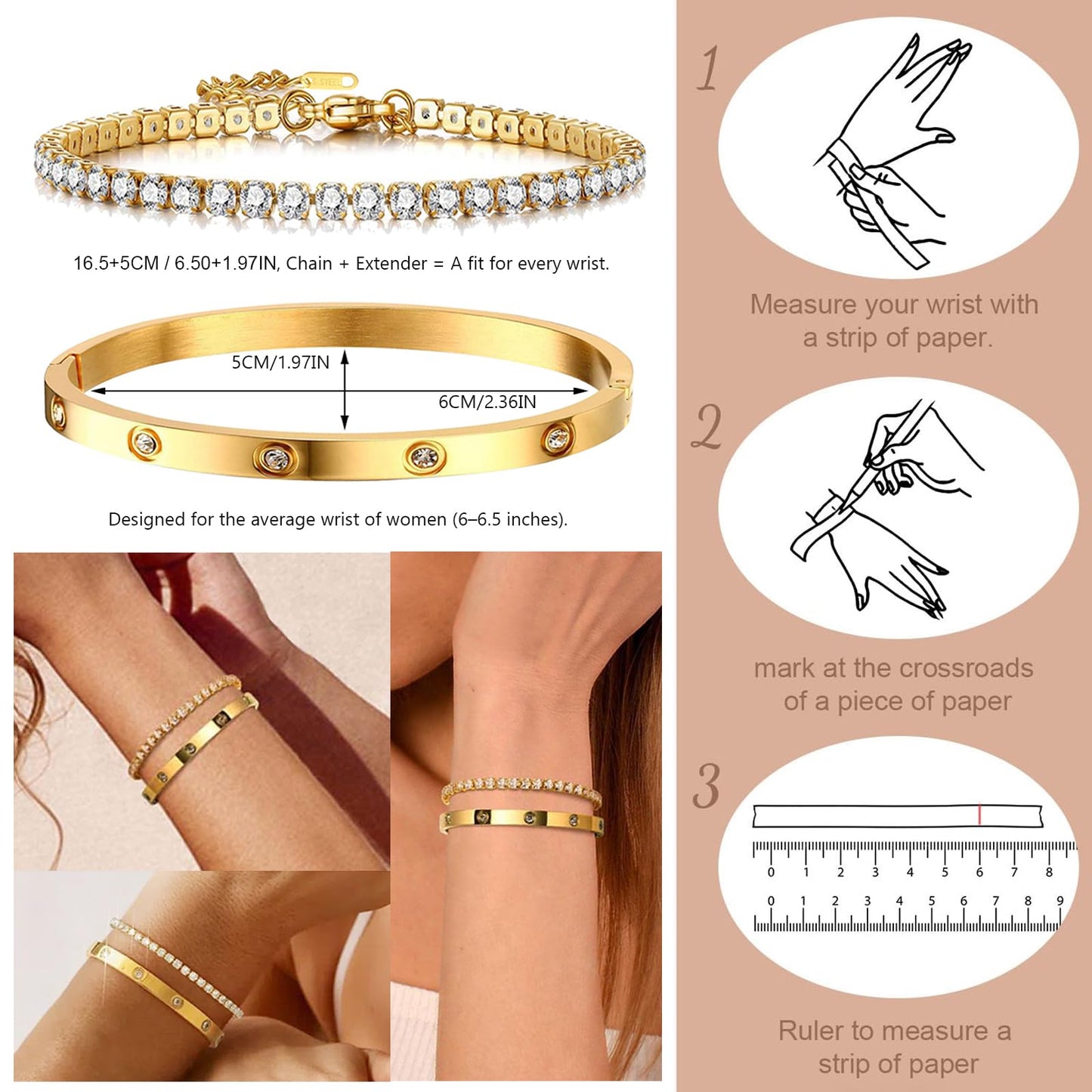 2PCS Gold Bracelets for Women, 18K Gold Plated Love Friendship Bangle Bracelet Set, Adjustment CZ Tennis Bracelet Stack Non Tarnish, Dainty Waterproof Jewelry Gifts for Valentines Day, Easter