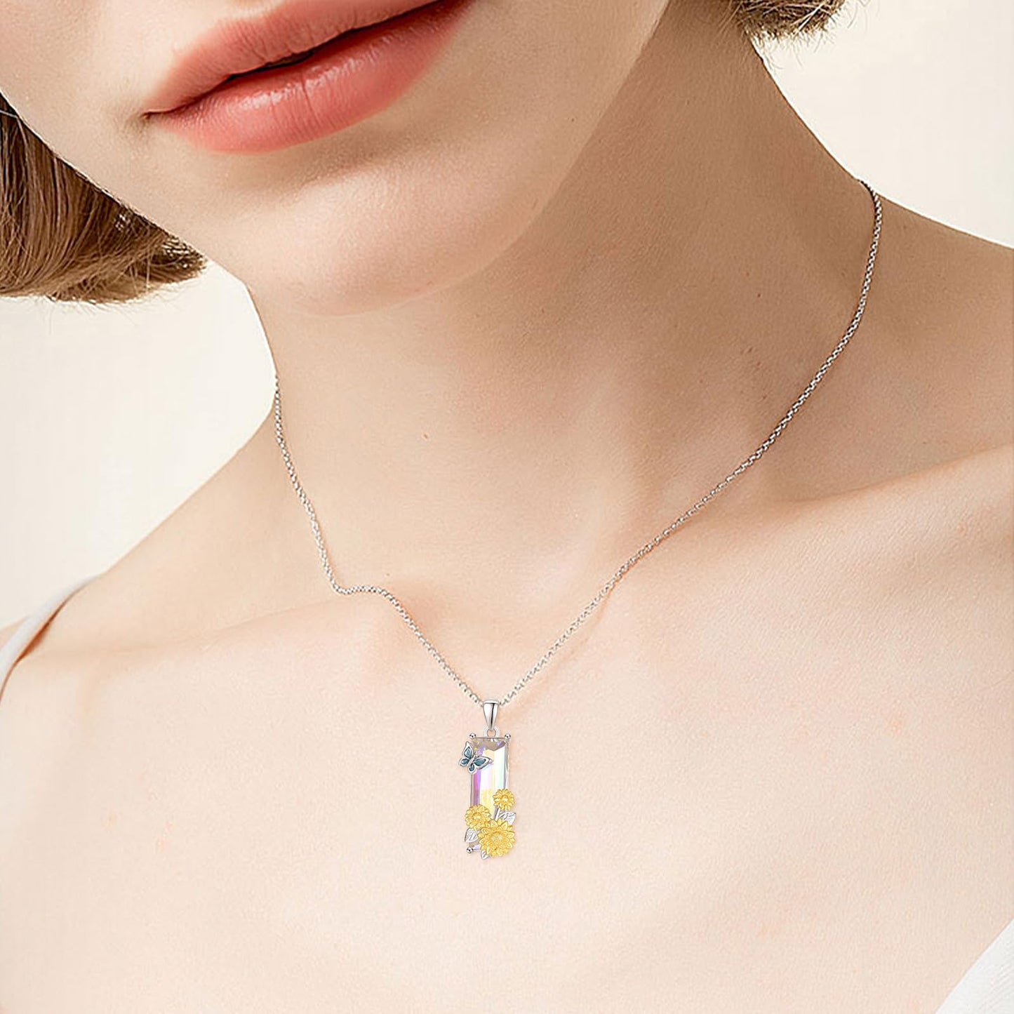AENEAS Valentines Day Gifts for Women Her Sunflower Necklace for Women 925 Sterling Silver Butterfly Sunflower Necklace 18K Gold Plated Hypoallergenic Crystal Jewelry Gift for Wife