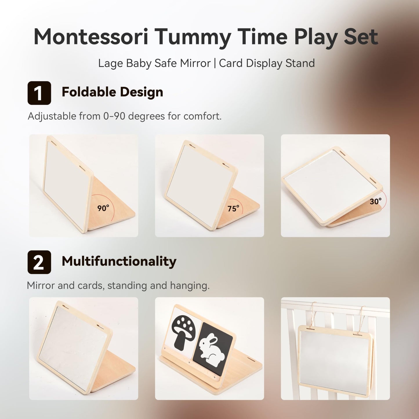IEATFO Tummy Time Play Set Adjustable Angle, Double-Sided Design, Montessori Tummy Time Toys Large Baby Safe Mirror and Card Display Stand with Black and White High Contrast Baby Cards