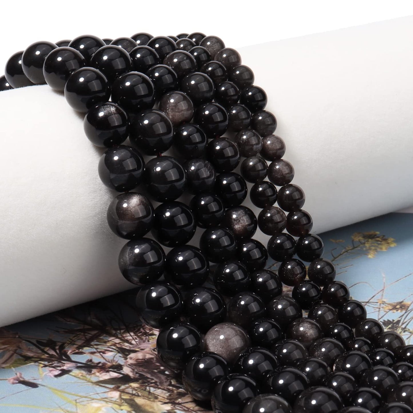 35pcs 10mm Natural Silver Obsidian Gemstone Beads Energy Healing Crystal Round Loose Stone Beads for Jewelry Making, DIY Bracelets Necklaces