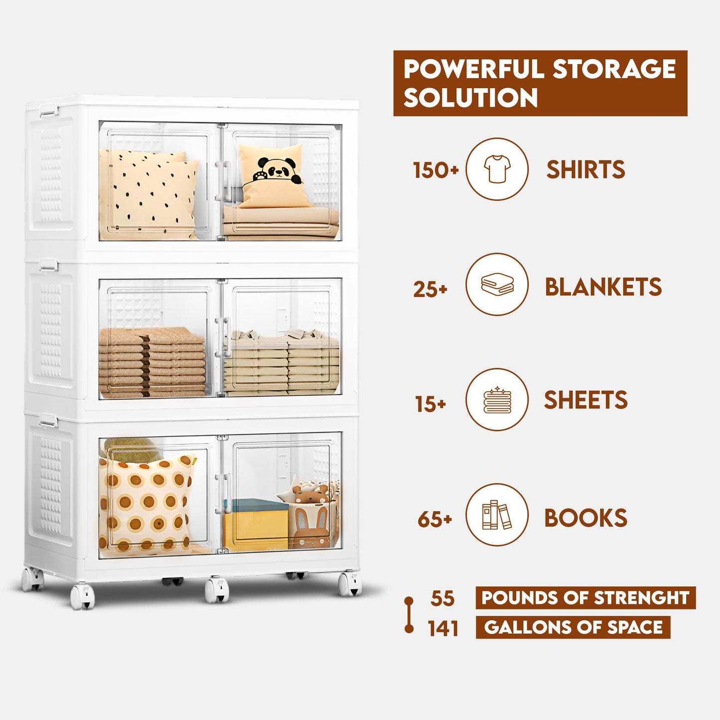 FINCHESCLUB 568QT/141Gal XL Stackable Storage Bins with Lids, Foldable Storage Bins with Doors, Wheels, and Lights - Collapsible Closet Cabinets for Home Office, 3 Pack - White