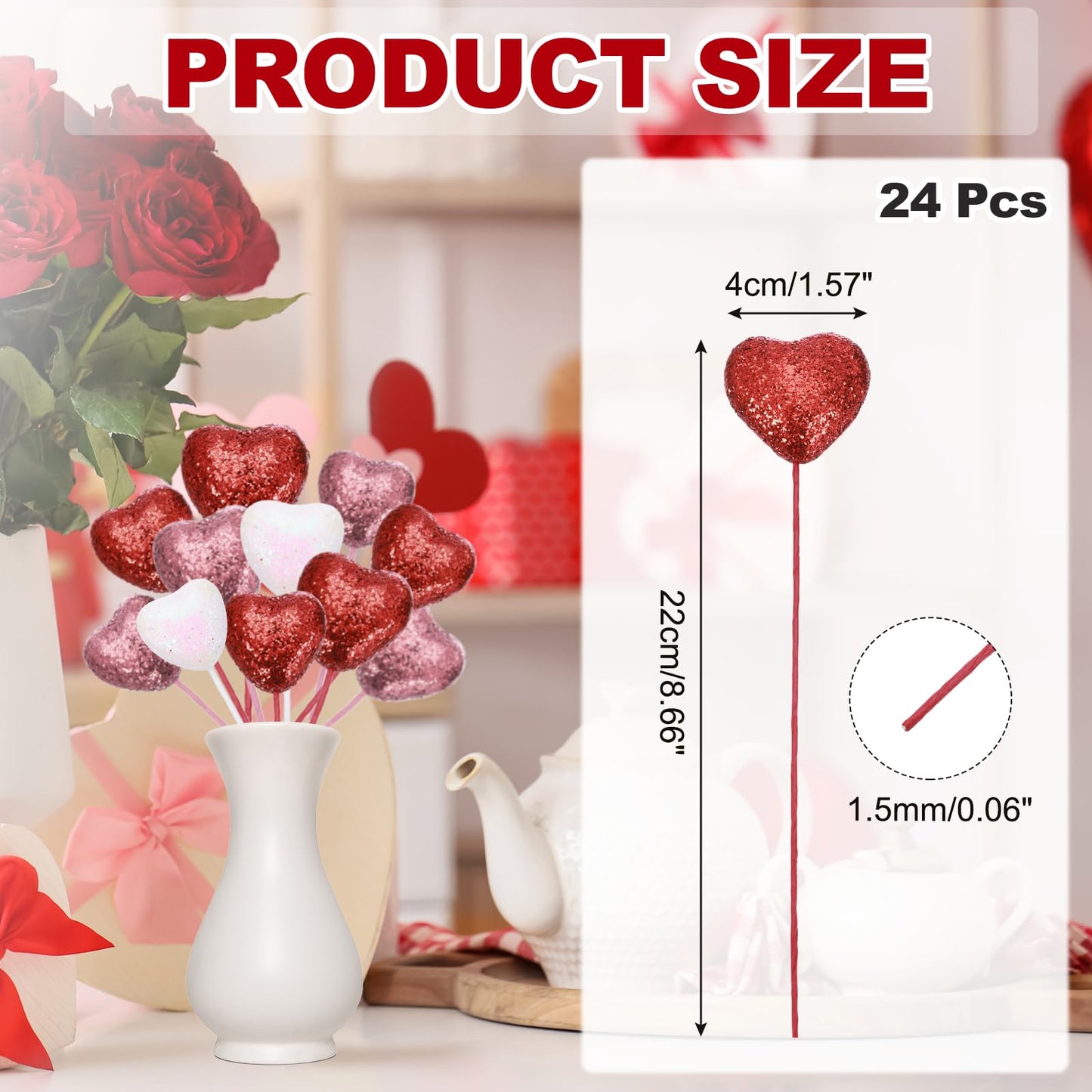 MECCANIXITY 24 Pcs Glitter Heart Shaped Picks Puffy Foam Hearts Floral Sparkly Stick for Valentine's Day Wedding Decorations Home Vase Supplies Flower Arrangements Crafts (Red, 4cm x 22cm)