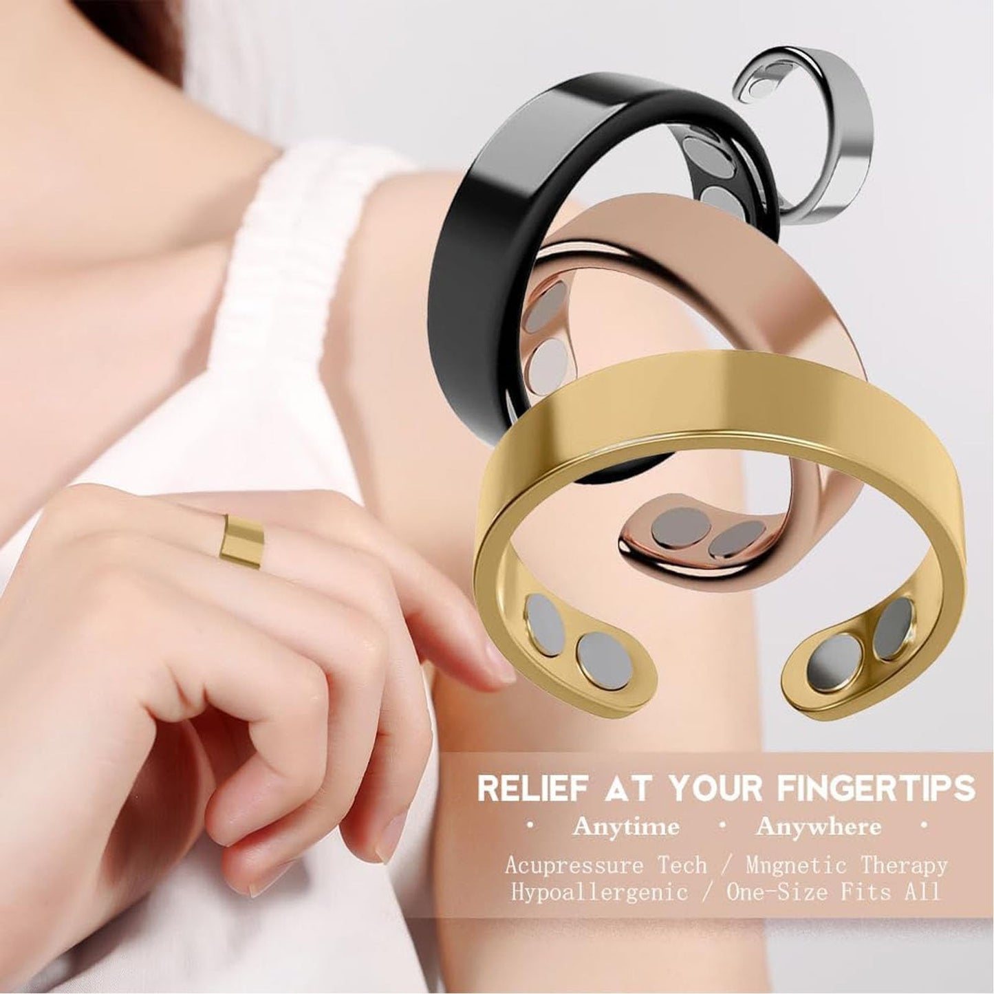 ZCVFA Stainless Steel Auvulis Migraine Rings Magtherapy Lymphatic Drainage Rings Lymph Nodes Acupuncture Therapy Anti Snoring Ring Migraine Relief Health Jewelry for Men and Women（Gold）