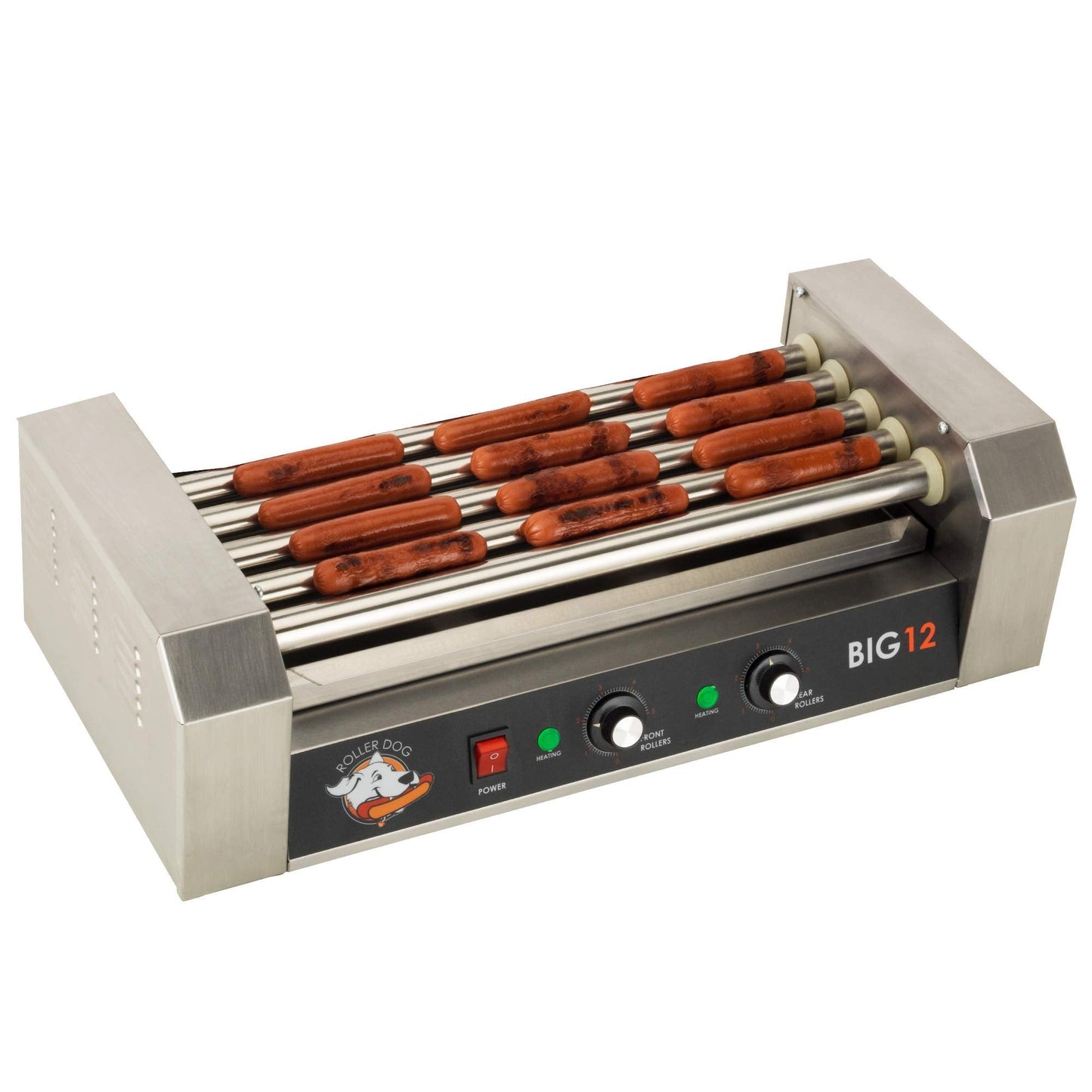 RollerDog Funtime RDB12SS Stainless Steel Non Stick Hot Dog Roller Grill with Drip Pan with Dual Temperature Controls