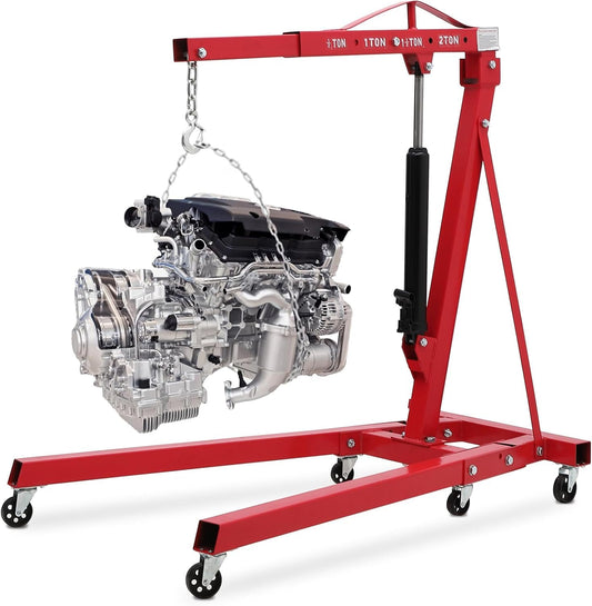 EliteEdge 2-Ton Folding Engine Hoist Cherry Picker 4400 Lb Capacity Hydraulic Shop Crane with Telescoping Boom 6 Caster Wheels for Automotive Repair Garage Use Includes Hitch and Storage Stand Red