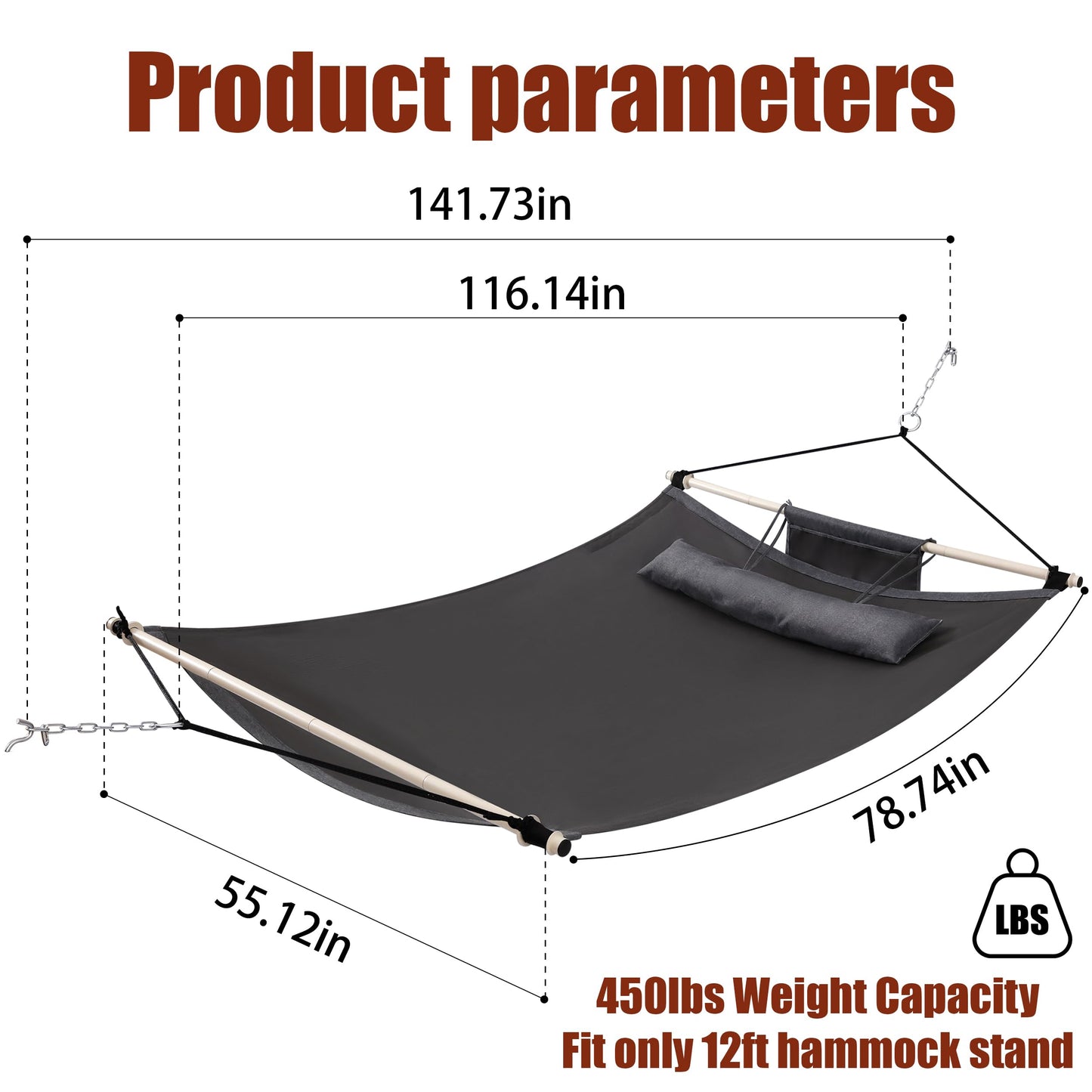 TegerDeger Anti-flip 12FT Hammock Large Hammock 450LB Capacity with Iron Spreader Bar & Nylon Rope for Outside, Patio, Garden, Backyard, Beach - Gray