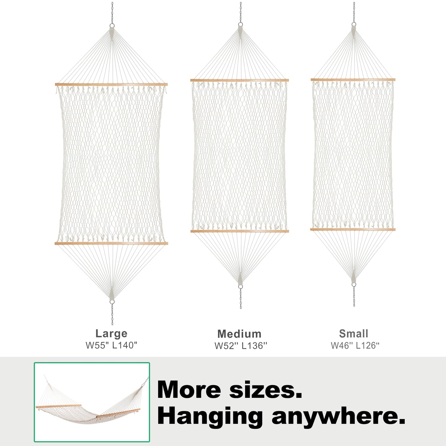 GAFETE 12ft Double Hammocks for Outside, Handwoven Traditional Cotton Rope 2 Person Hammock with Hardwood Spreader Bar, Chains & Hooks for Indoor Outdoor, Max 450 lbs Capacity (Natural Beige, Medium)