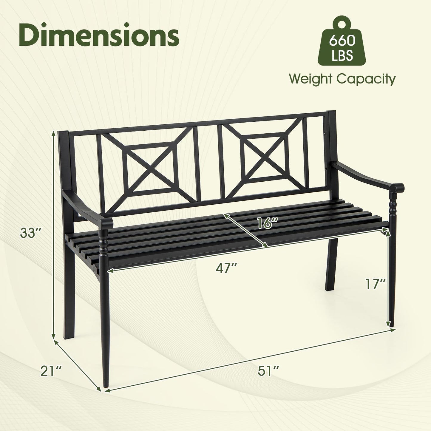 Giantex Metal Outdoor Bench with Backrest, Curved Armrests, Non-Slip Foot Pads, Slatted Seat for 2-3 Persons, Load 660lbs, Loveseat, Patio Bench for Garden, Yard, Poolside, Lawn, Porch, Park, Black