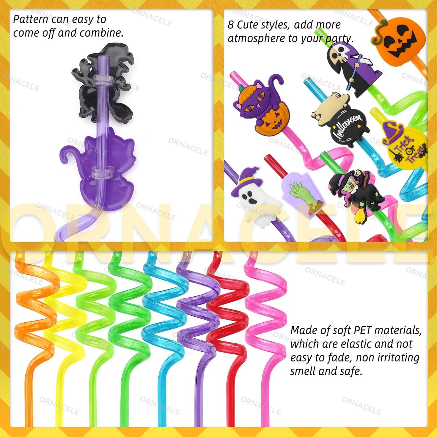 48 Pieces Halloween Reusable Drinking Straws, Grave Ghost Cats Pumpkin Witch Spider Pattern Party Favors Goodie Gifts for Kids Halloween Party Supplies