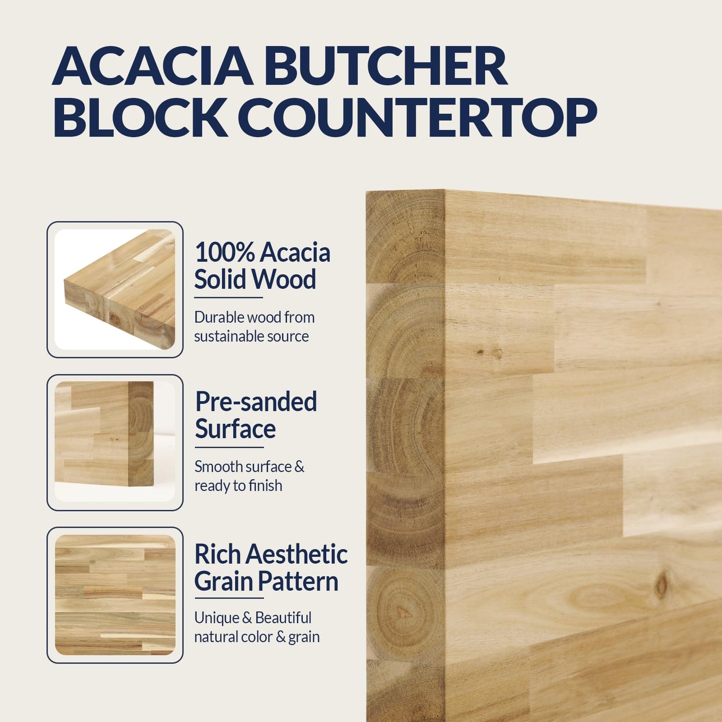 Howizz Acacia Butcher Block Countertop 48 x 25 x 1.5 Inches, Unfinished Solid Wood Table Top for DIY Desk Top, Workbench Top, Kitchen Countertop