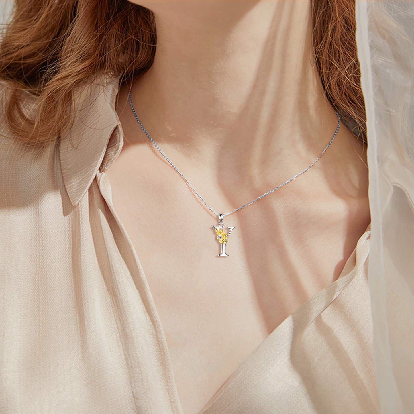 POPLYKE Sterling Silver Initial Alphabet Letter Script Name Pendant Chain Necklace for Women for (Sunflower Y)