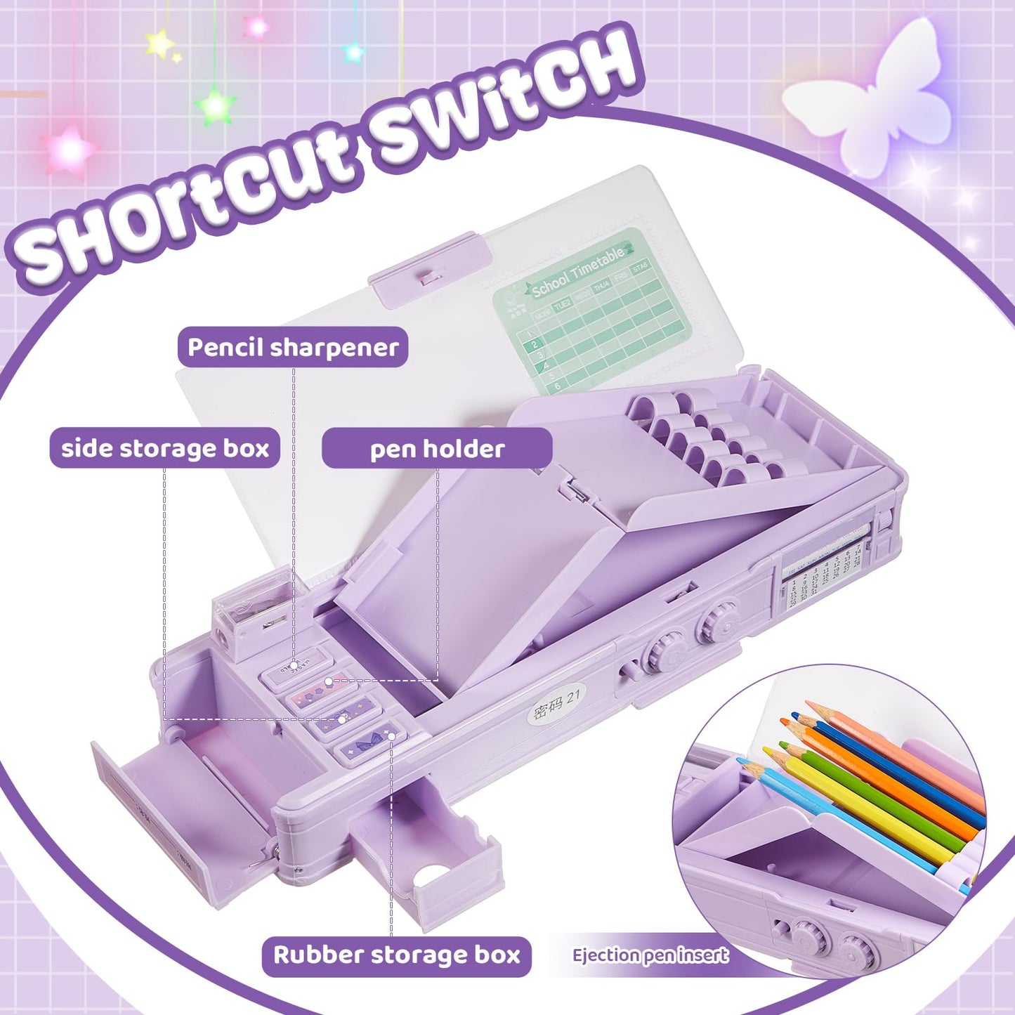 Humyoun Multifunctional Pop up Pencil Case for Girls, Cute Cartoon Pen Box Organizer with Password Lock, Sharpener, Schedule, Birthday Stationery Gifts for Kids (Purple, Magic World)