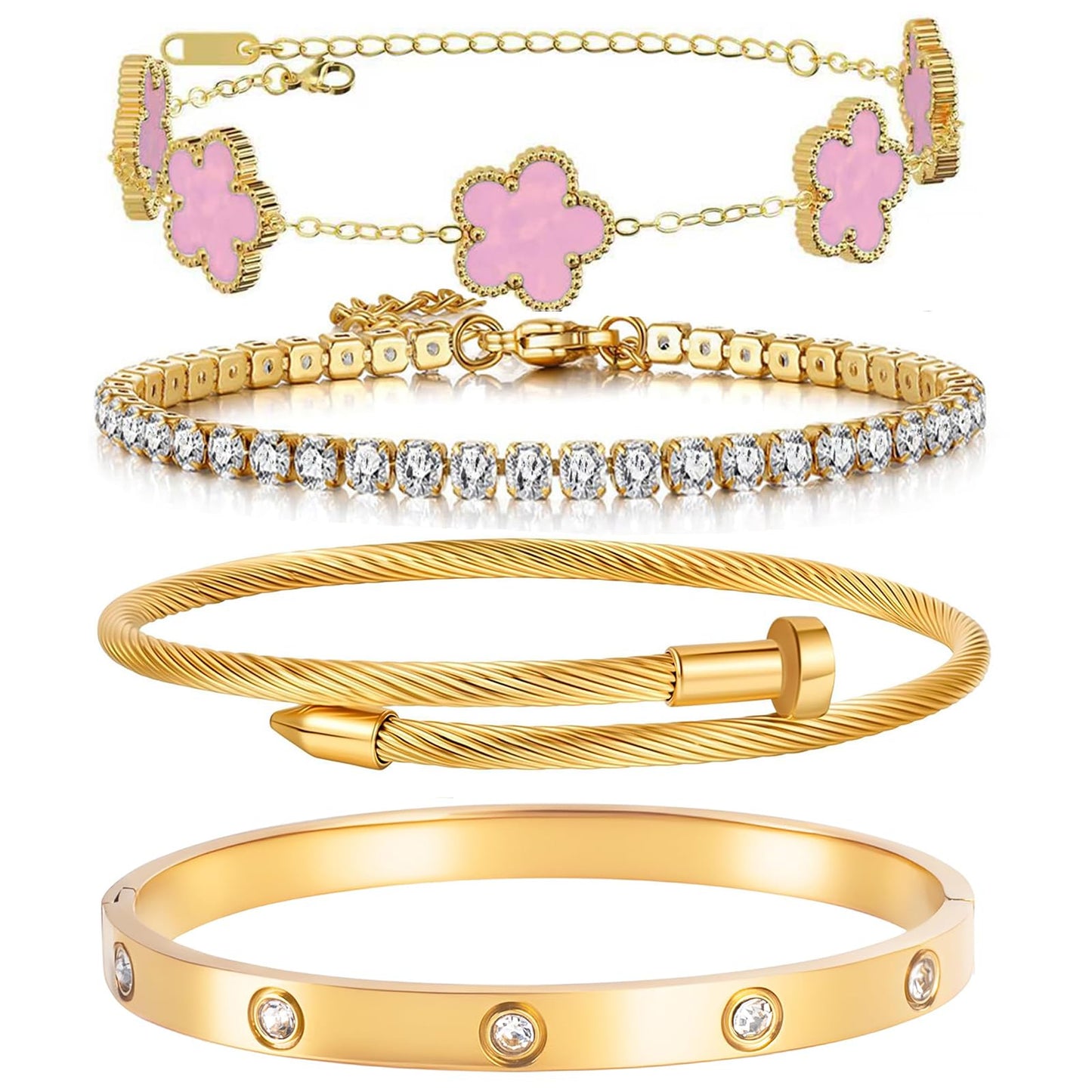 MEIERYA 18K Gold Plated Womens Stackable Floral Bracelets Set,Twisted Cable Bangle,Trendy Jewelry,Waterproof adjustable bracelet,Christmas Birthday Gifts for Girlfriend or Mother. (05-Color-pink)