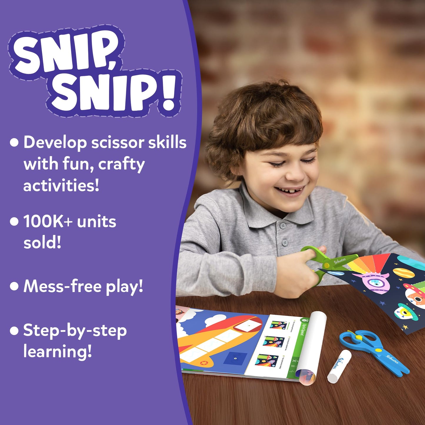 Skillmatics Scissor Skills Activity Book - Snip Snip, 25 Cutting Activities for Preschoolers, Felt Craft Kit, 2 Child-Safe Scissors, Fine Motor Skills, Screen-Free Fun, Gifts for Kids Ages 3-7