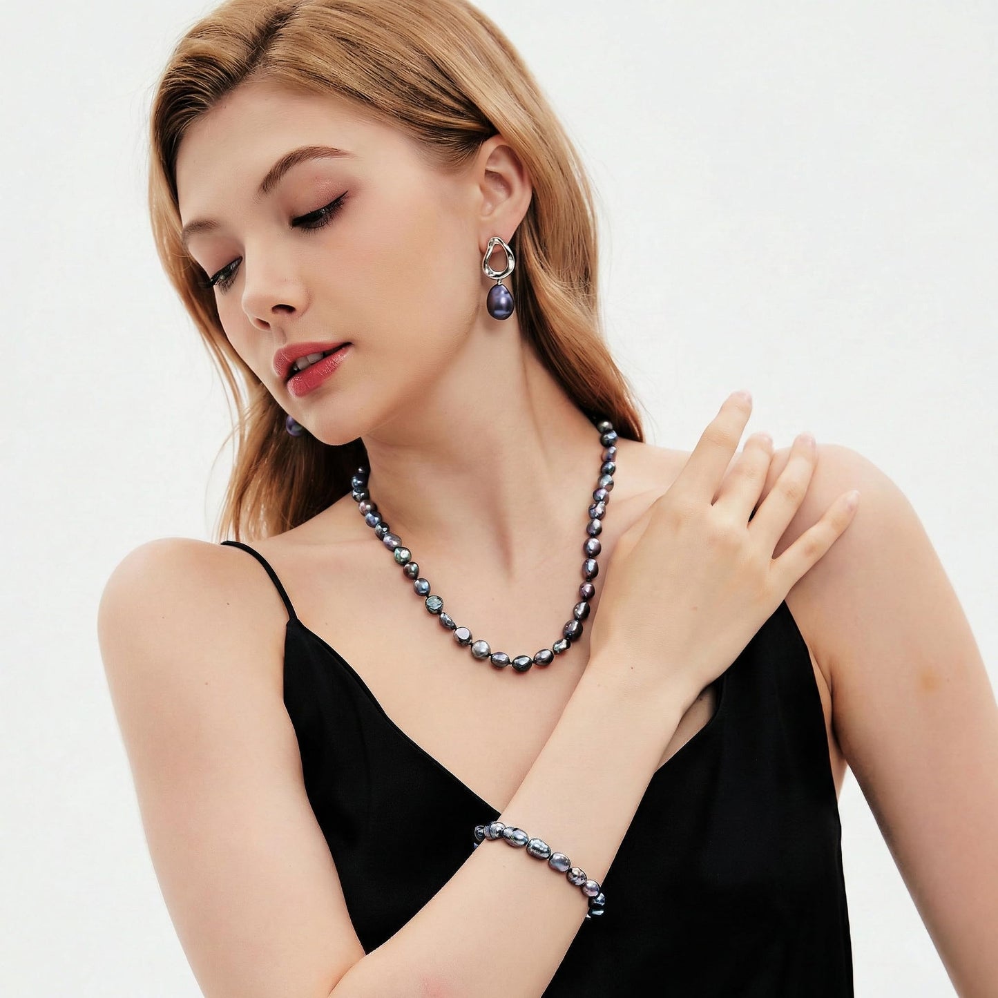 BAMIKI Black Pearl Necklace and Earrings Baroque, Tahitian Pearl 8-9.5mm, 925 Sterling Silver Clasp, Jewelry for Women, Gifts for Mother wife Anniversary Birthday, 18+2IN Adjustable Chain