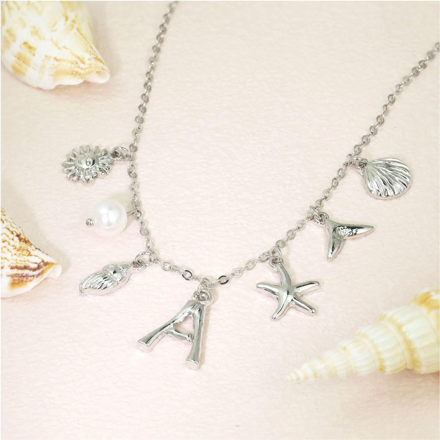 JALZEMPL Initial Charm Necklace For Women Seashell Shell Letter Boho Summer Beach Starfish 14k Gold Plated Silver Pendant Surfer Jewelry Gifts (P,Silver)