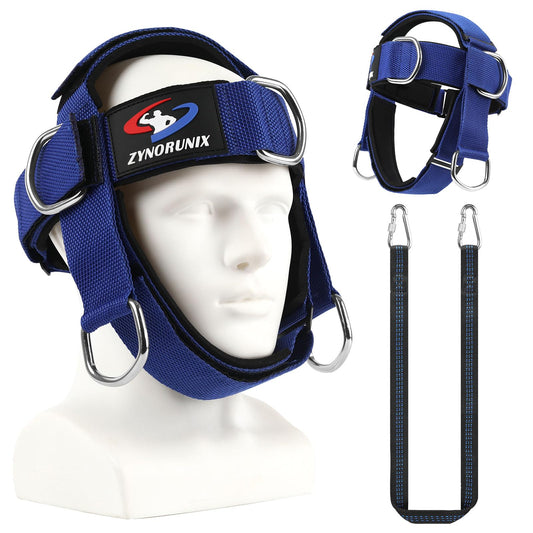 Fitness Neck Head Harness Trainer, Adjustable Chin Strap and Head Harness Strength with Nylon Tether, Neoprene Neck Workout Exerciser for Weight Lifting, Home and Gym Use, Blue