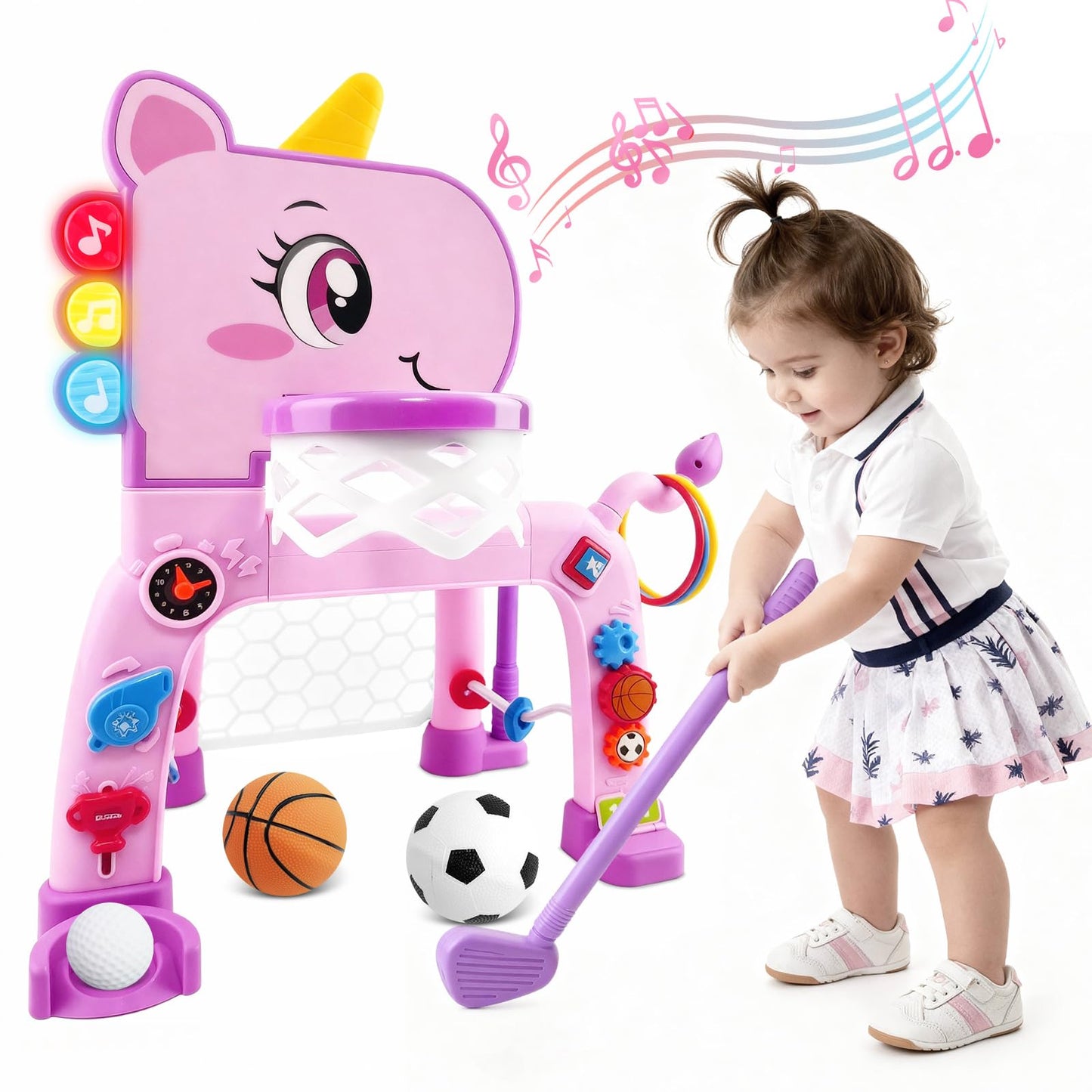Toddler Basketball Hoop & Soccer Goal Activity Center with Golf Ring Toss, 4 In 1 Toddler Sport Toy with Light & Bilingual Music, Montessori Toy for 1 Year Old Girl Gift (24.2''-27.6'' H)