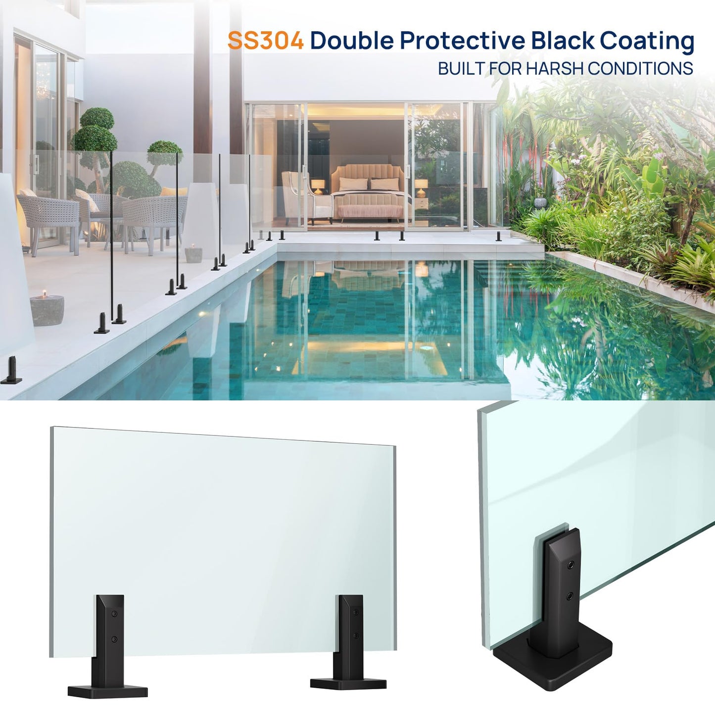 LukLoy 16 Pack NW. 2.1lb T304 Stainless Steel Glass Railing Spigot Heavy-Duty Matte Black Clamp Post Glass Railing System, No-Drill Design for Pool, Deck, Stair, Balustrade, Balcony Black - Level 2