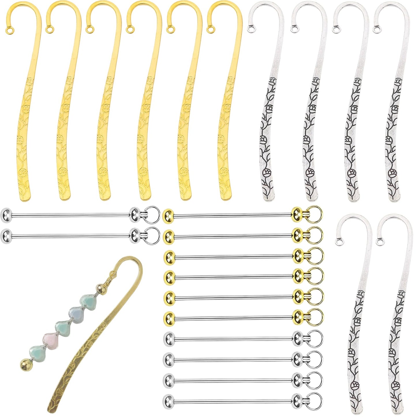 YFXJC 12 Pcs Beadable Bookmarks DIY Metal Blank Bar Bookmark for Beads Metal Bookmark Hairpin Hook Carved Antique Vintage Bookmarks Gift for Book Lovers Student Teacher Office Supplies, Silver+Gold