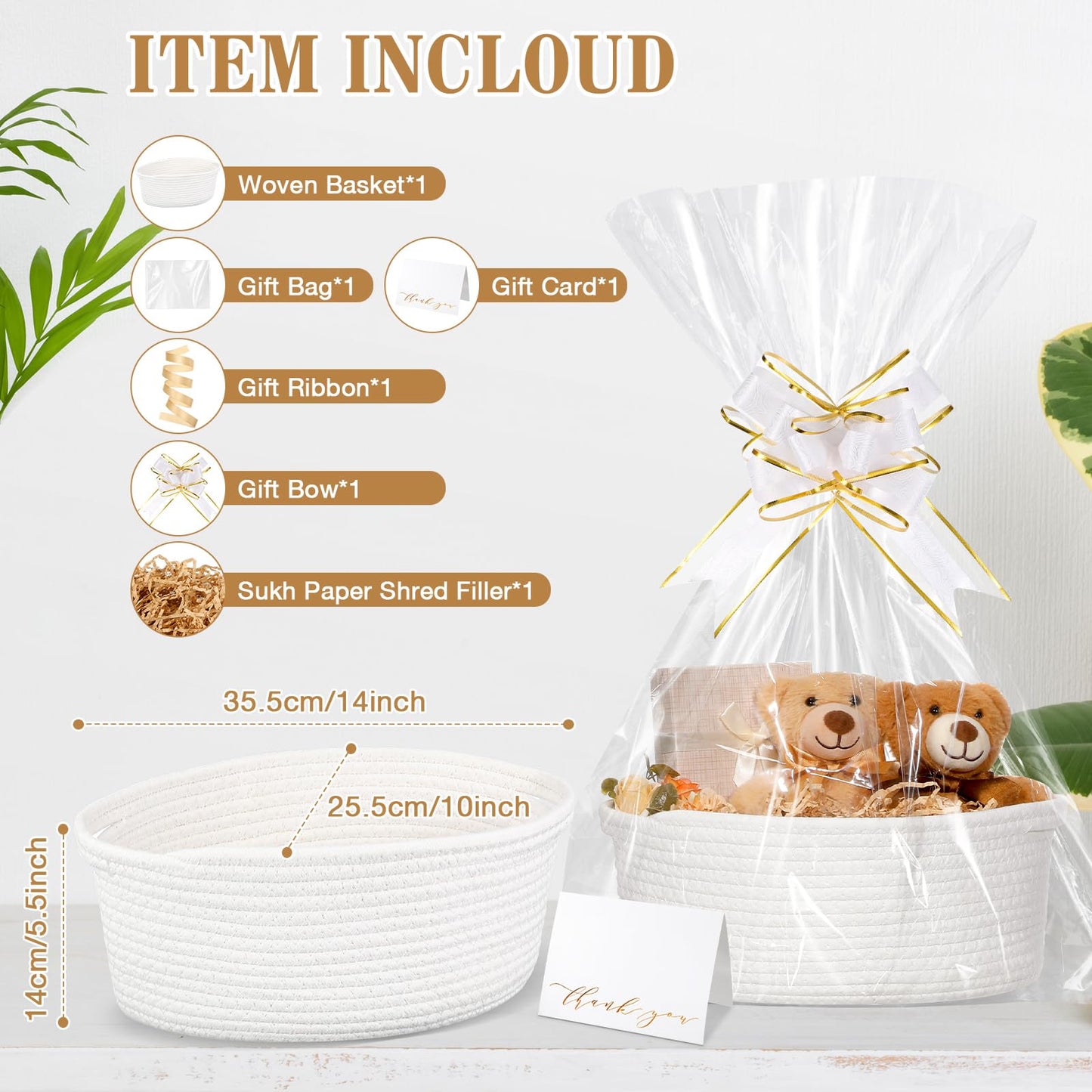 Colingmill Graduation Woven Basket with Gift Bags and 2 Ribbons, Raffia Grass Paper Shred Filler, Gift Card, Empty Small Rope Basket for Storage Presents Toy Organizer(White,14 * 10 Inch)