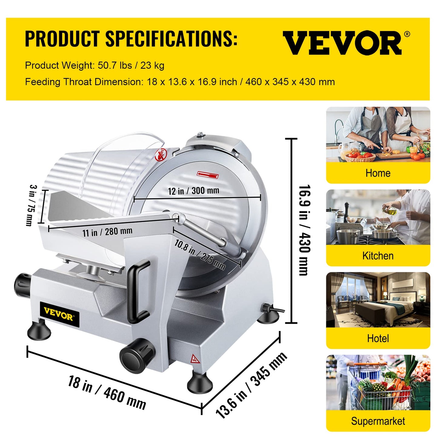 VBENLEM Commercial Meat Slicer,12 inch Electric Meat Slicer Semi-Auto 320W Premium Chromium-plated Steel Blade Adjustable Thickness, Deli Meat Cheese Food Slicer Commercial and for Home use,Sliver