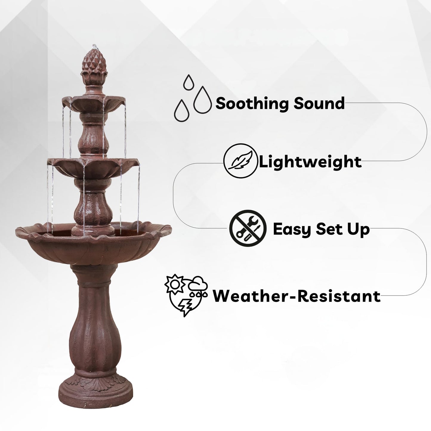 XBrand 51" 3-Tier Outdoor Waterfall Fountain, Weather-Resistant Resin Freestanding Water Feature with Pump, Brown