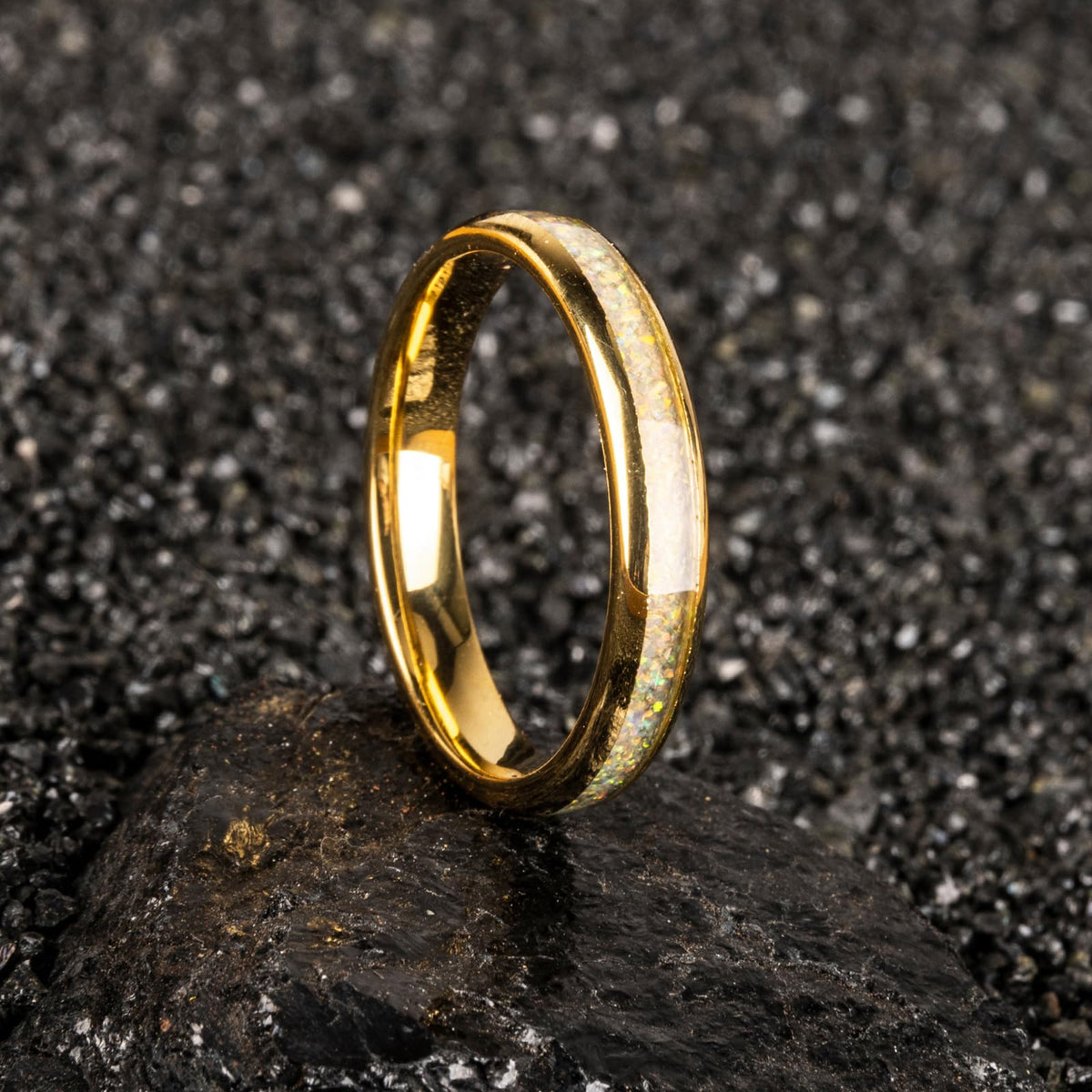 JEWPER 4mm Men Womens Wedding Band Tungsten Rings Gold Fashion Promise Carbide Inlaid White Opal Matte Finish Edge Comfort Fit Size(5)