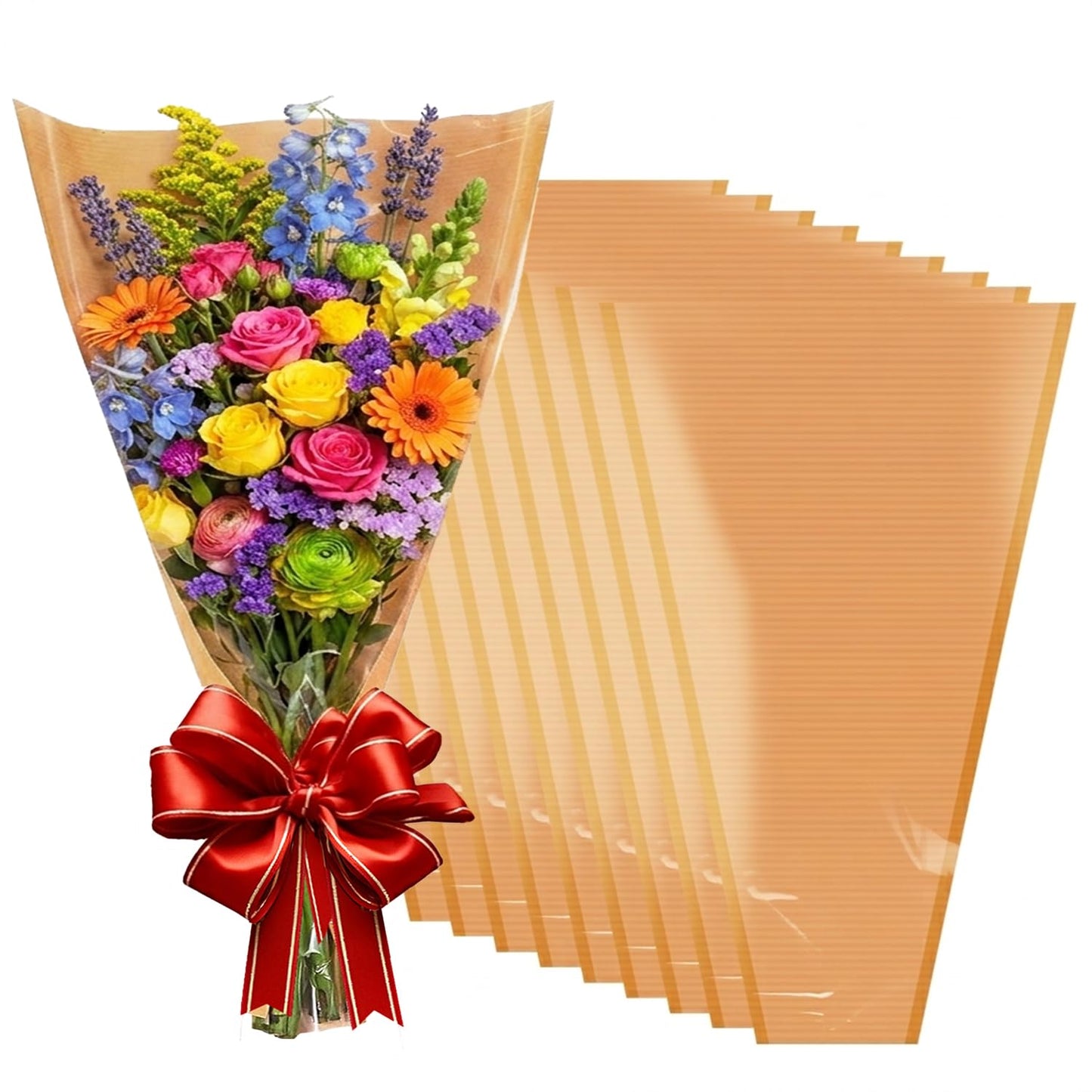 XABMU Flower Bouquet Bags - 50 Pack Kraft & Clear Floral Wrapping Sleeves for Wedding, Graduation, Mother’s Day Gifting & Florist Supplies