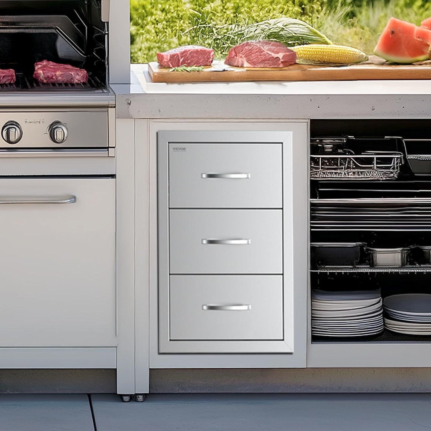 VEVOR Outdoor Kitchen Drawers, 16.5" W x 29" H x 20.5" D Triple Access Drawers, Stainless Steel Flush Mount Cabinets, BBQ Island Storage with Paper Towel Holder & Handle, for Patio Grill Station