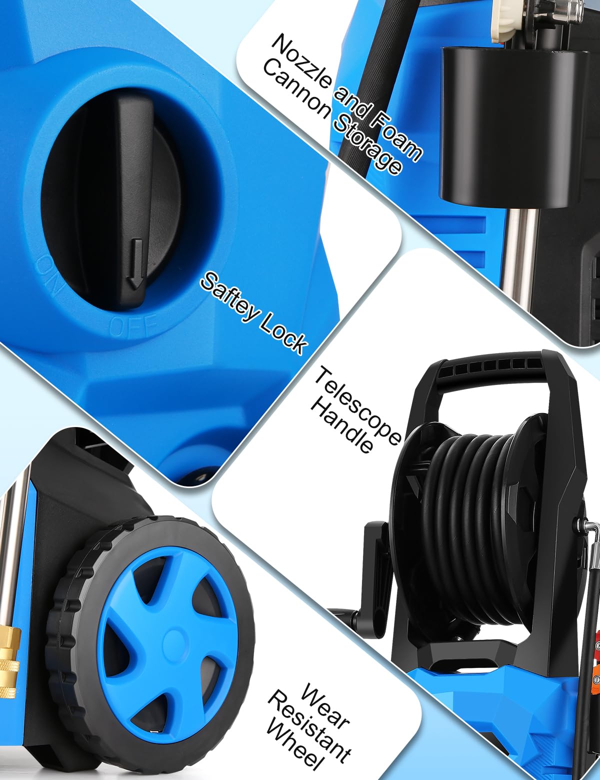 commowner 5000PSI Electric Pressure Washer - 2025 New Power Washer with Upgraded 33ft Pressure Washer Hose Reel, Foam Cannon, 4 Nozzle Set, Power Washer for House/Patios/Car/Fence, Blue