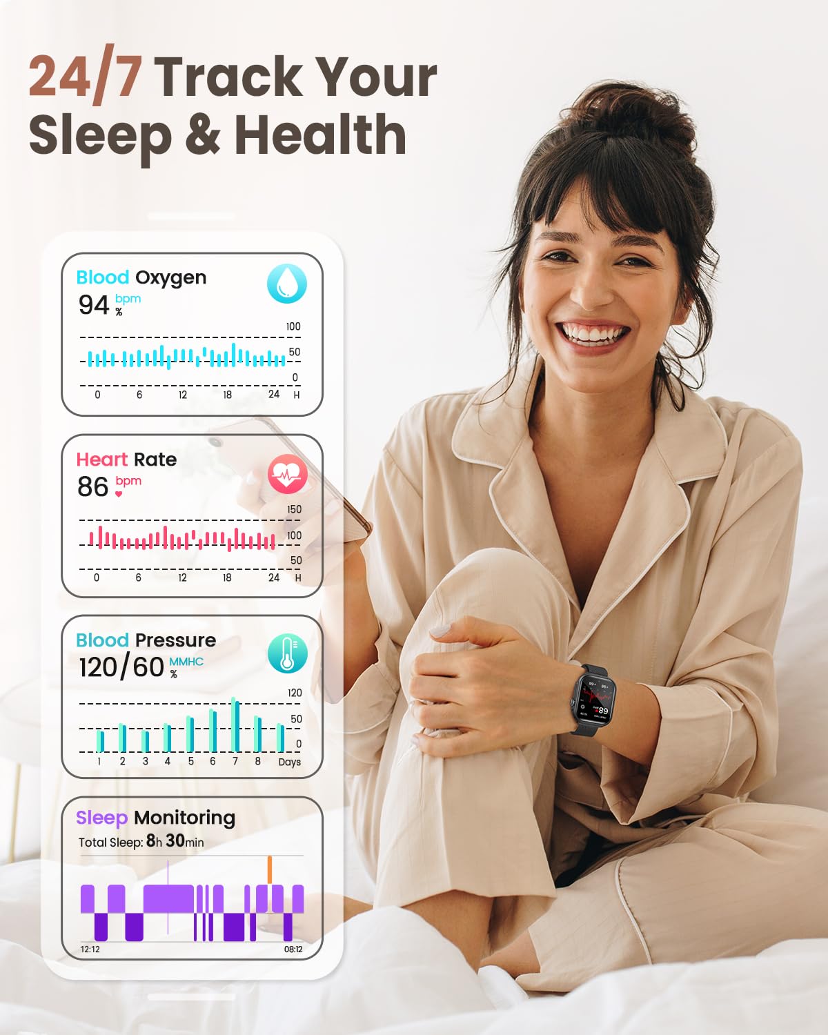 Smart Watches for Women Men, 1.83" HD Smart Watch for Android iPhone with Calls/Messages/Notifications, Sleep/Heart Rate/SpO2/Blood Pressure Monitor, 110+ Sports Modes Fitness Watch, 1000mAh Battery