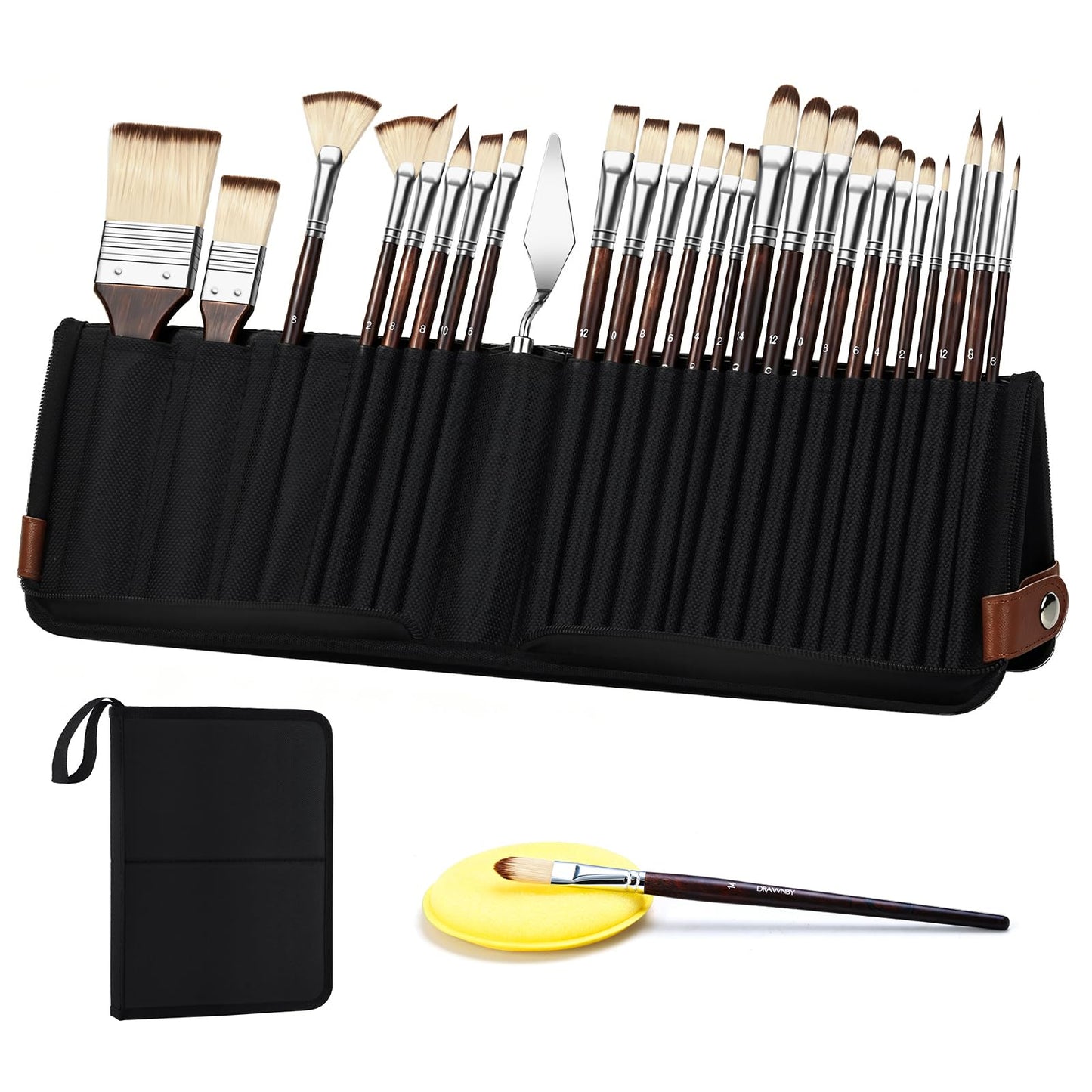 Drawnby 26pcs Paint Brush Set, Professional Paintbrushes with Palette Knife & Self-Standing Case, Nylon Paint Brushes for Acrylic Paint, Oil, Watercolor, Art Supplies for Artists Beginners