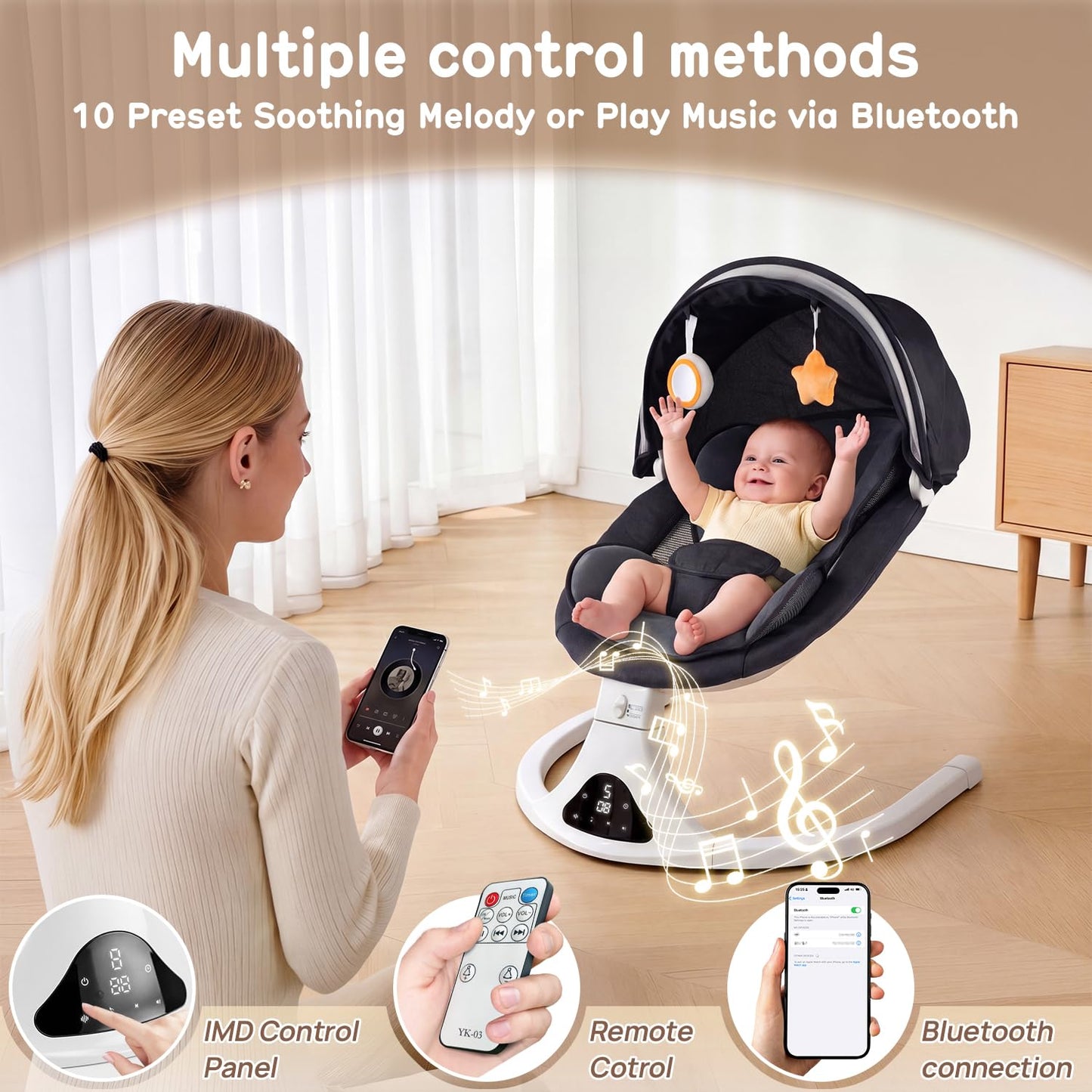 Electric Baby Swing for Infants to Toddler| Portable Infant Swing with Remote Control, Rocker with 5 Speeds, 3-Point Harness for Baby Boy Girl (Black)