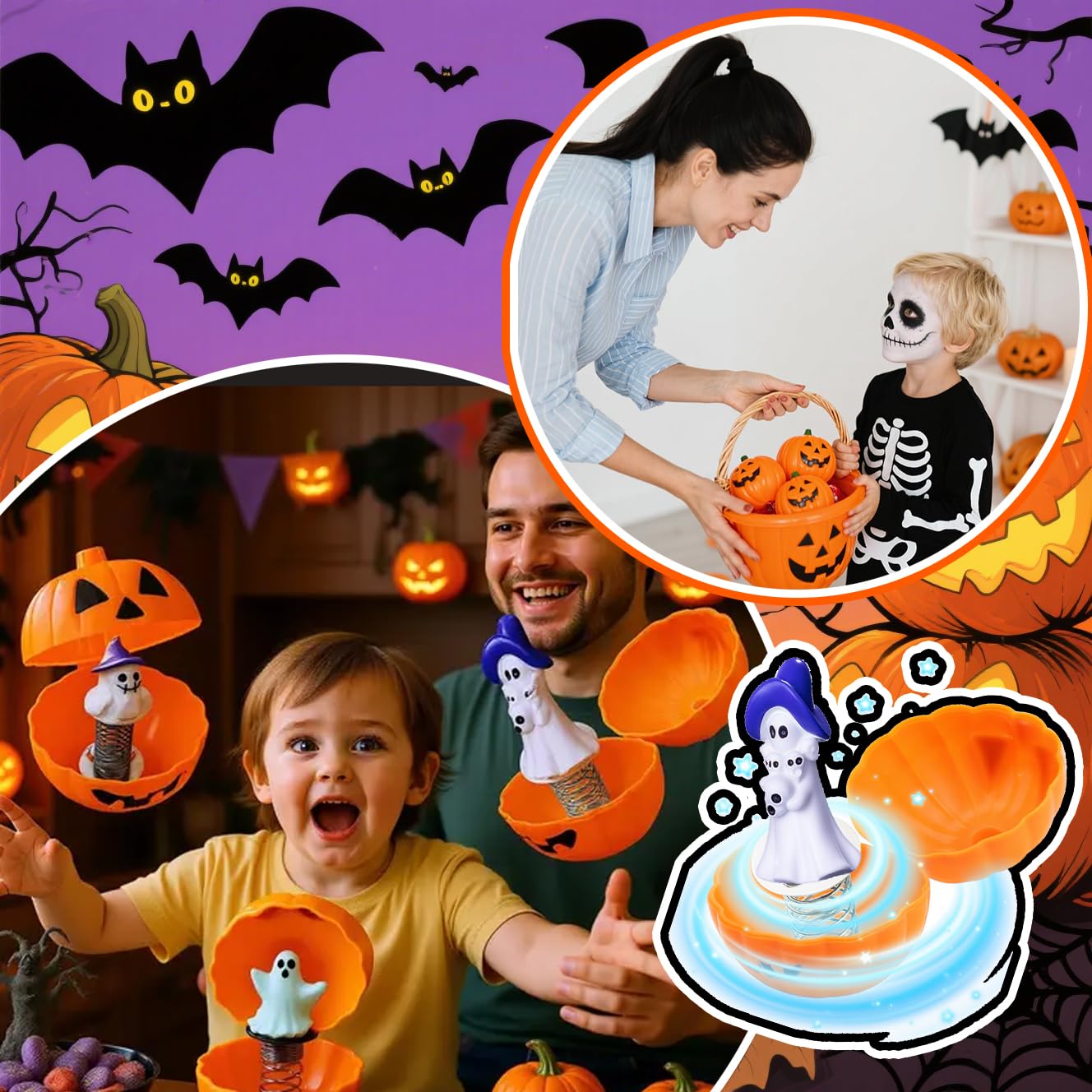 5PCS Halloween Pumpkin Trick Or Treat Boxes Prank Candy Boxes Spring Loaded Pop Up Treat Containers with 5 Halloeen Figurines for Trick or Treat Scares, Party Favors & Superise Gifts (White 5PCS)