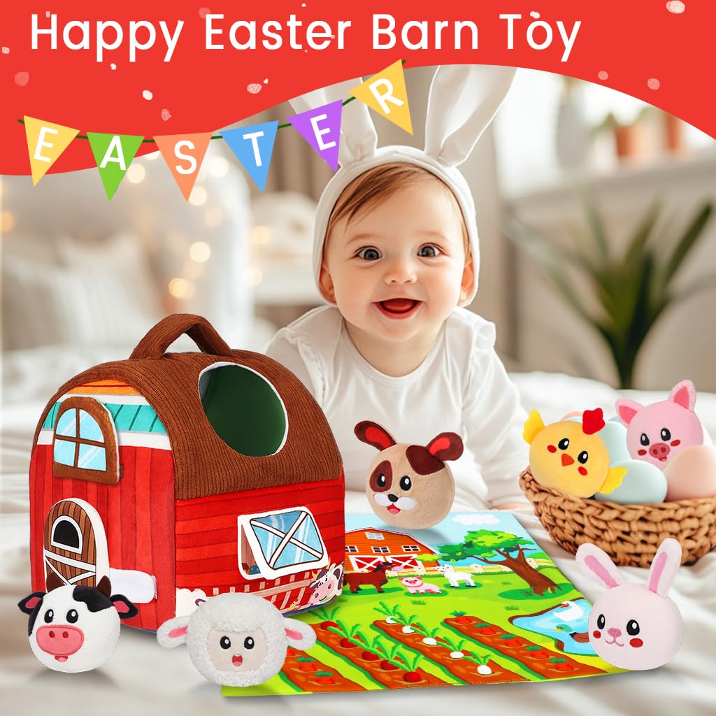 Avesa Baby Toys 6-12 Months - Soft Barn Toy with Stuffed Farm Animals, Rattle - Montessori Toys for Babies 6 Months Old Sensory Infant Toy Baby Gifts Easter Basket Stuffers