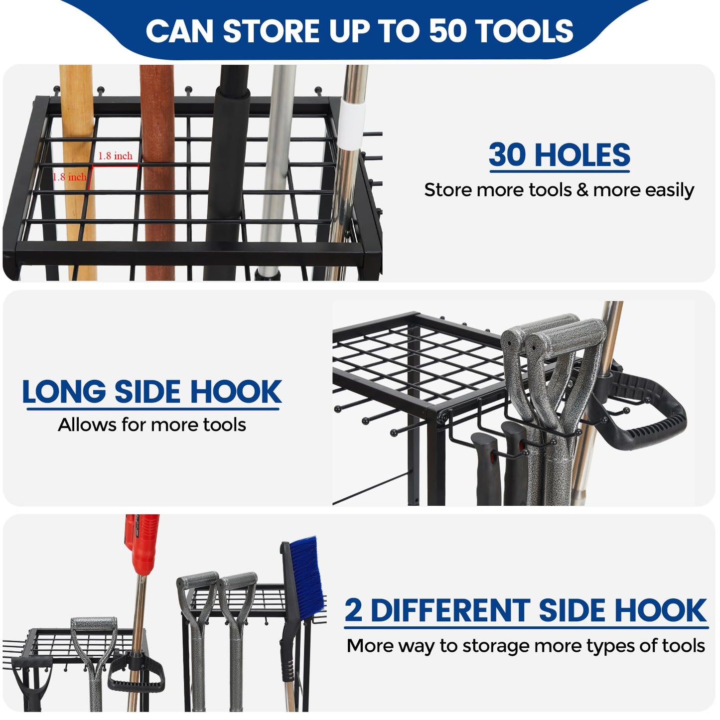 Garden Tool Organizer with 2-Tier Steel Shelves, Holds 50 Long-Handled Tools/Rakes/Brooms/Shovles for Garage Organization and Storage, Shed, Outdoor, Lawn, Heavy-Duty Steel, Black, Easy Assembly