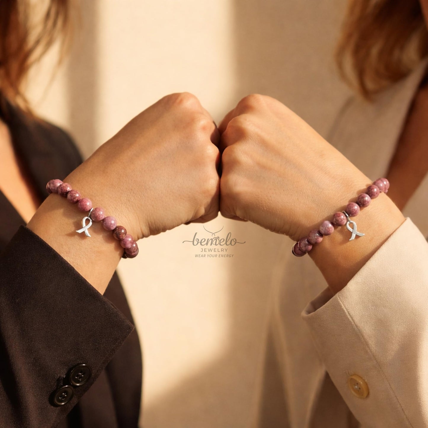 BEMELO Pink Hope Jasper Bracelet – Natural Pink Zebra Jasper Beaded Bracelet with Ribbon Charm, Inspirational Strength & Support Jewelry, Meaningful Handmade Gift for Women