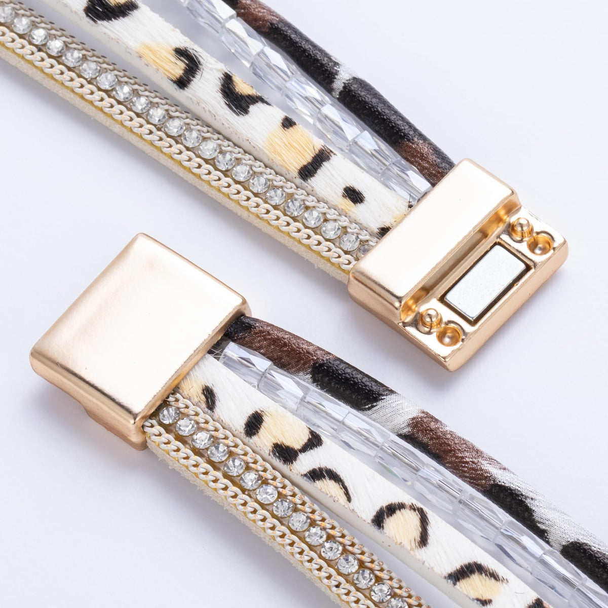 FANCY SHINY Boho Leather Wrap Bracelet Stackable Chunky Crystal Cuff Bracelets with Magnetic Clasp Cowboy Cowgirl Western Summer Beach Outfits Jewelry Gifts for Women (7.7", White Leopard)