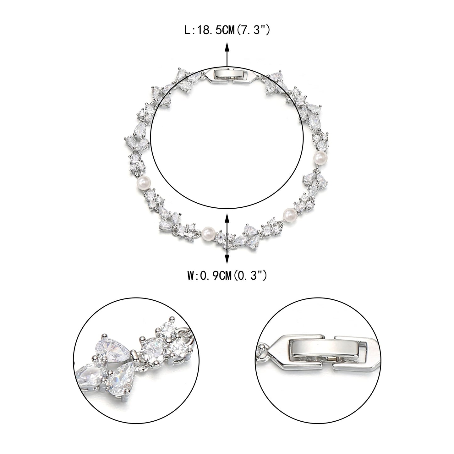 EVER FAITH Faux Pearl Wedding Jewelry for Bride Bridesmaid, Gorgeous Cubic Zirconia White Gold-Plated-Brass Cream Simulated Pearls Teardrop Tennis Bracelet for Women