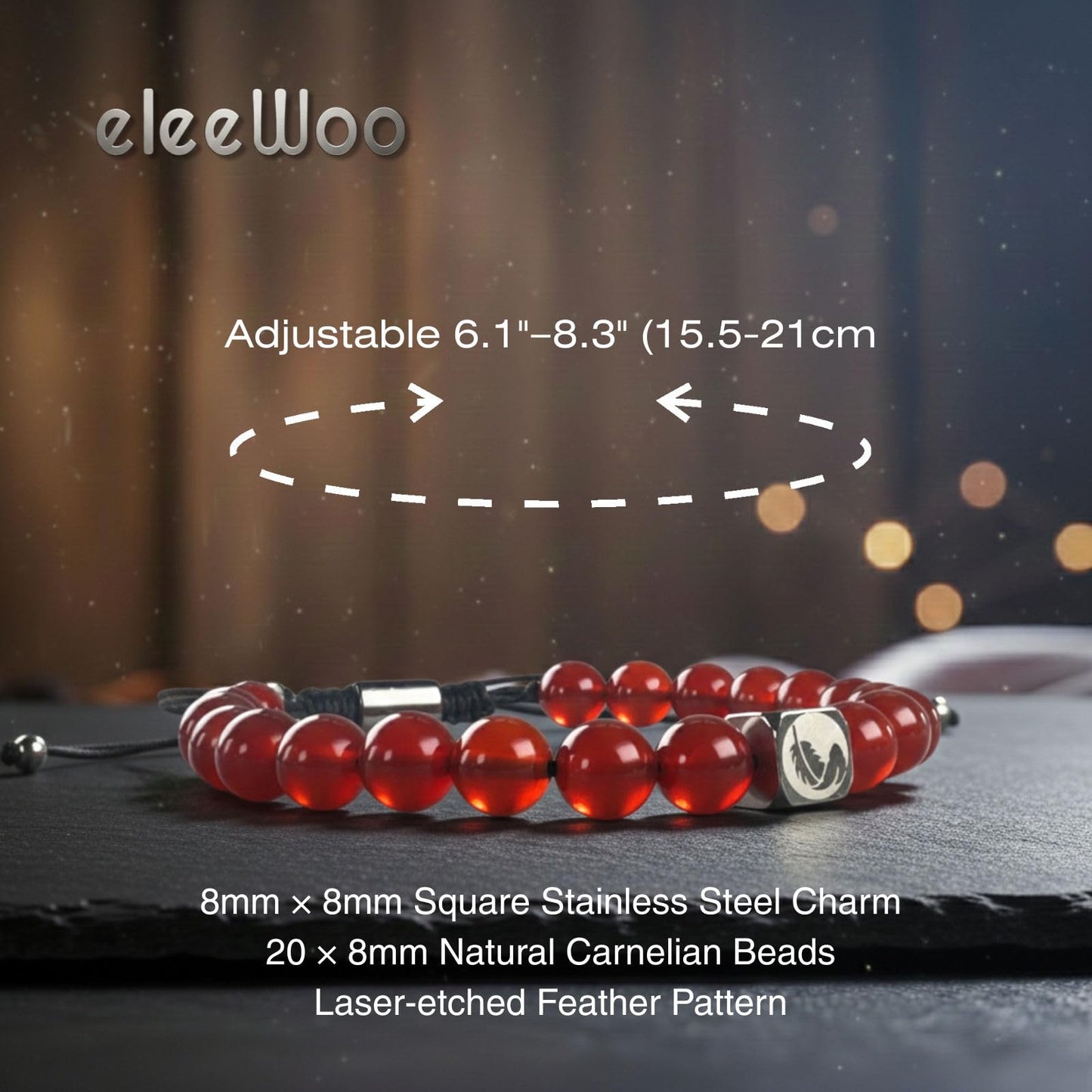 eleewoo 8mm Carnelian Crystal Bracelet for Men Women, Genuine Red Agate Beads (20pcs) Adjustable Braided Healing Stone Bracelet for Courage & Motivation, Protection Root Chakra Balance Jewelry