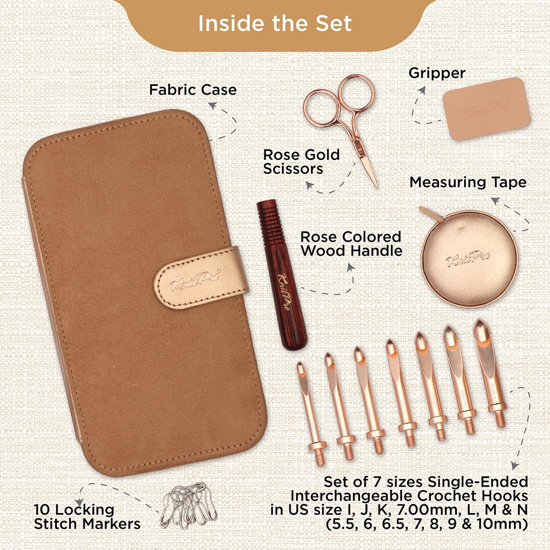 KnitPro Oasis Chunky Crochet Set - 1 Wooden Handle, 7 Hooks in Sizes 5.5mm to 10mm, 1 Rose Gold Scissors, 1 Tape Measure, 10 Metal Locking Stitch Markers, 1 Gripper