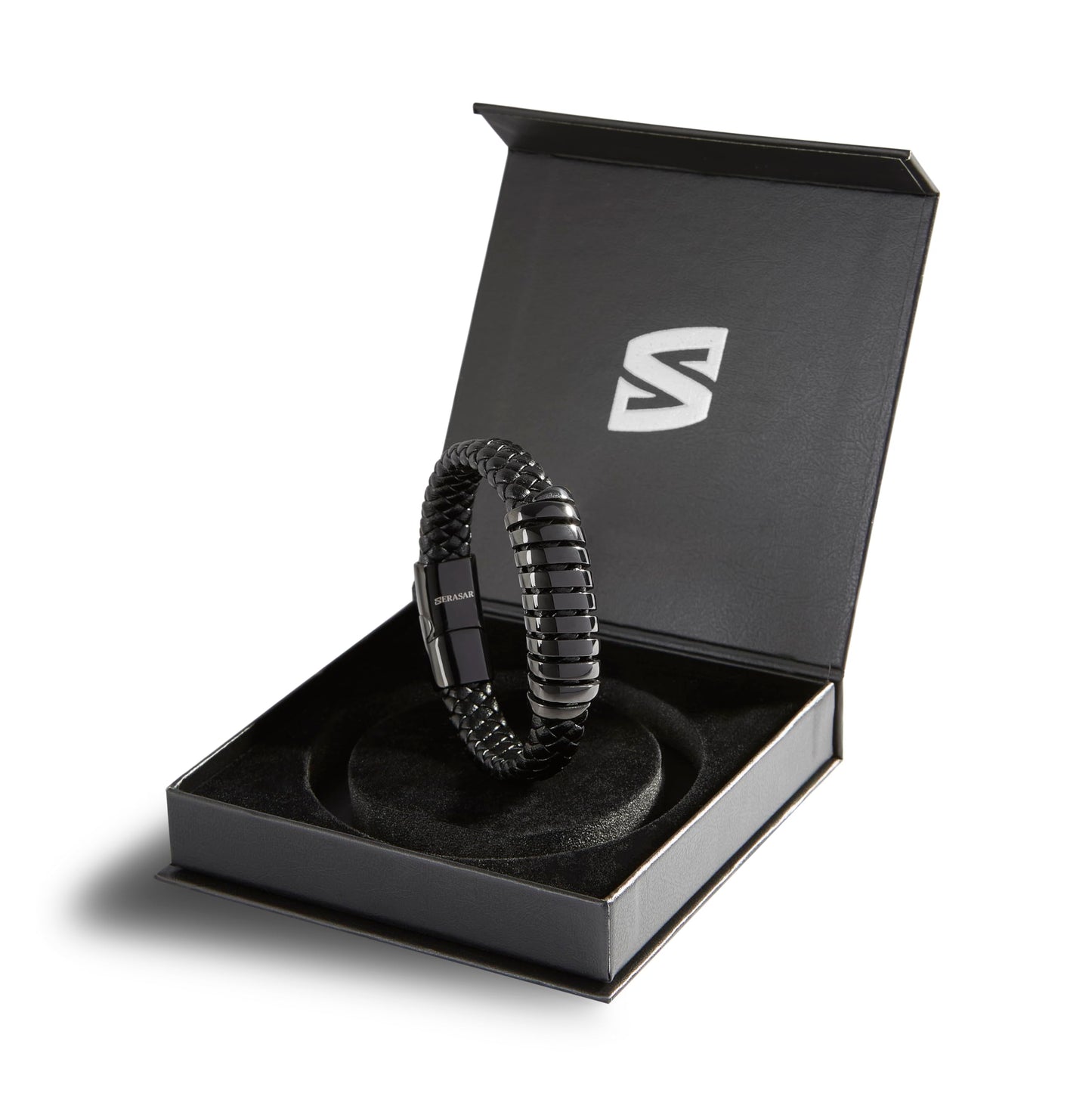 SERASAR Black Bracelet Leather Men 17cm Gift Box Genuine Cowhide Braided Adjust Able Magnetic Clasp Multi Layer Wrap Rope Man Mans Male Mens Bracelets Band Jewelry Magnet Accessories