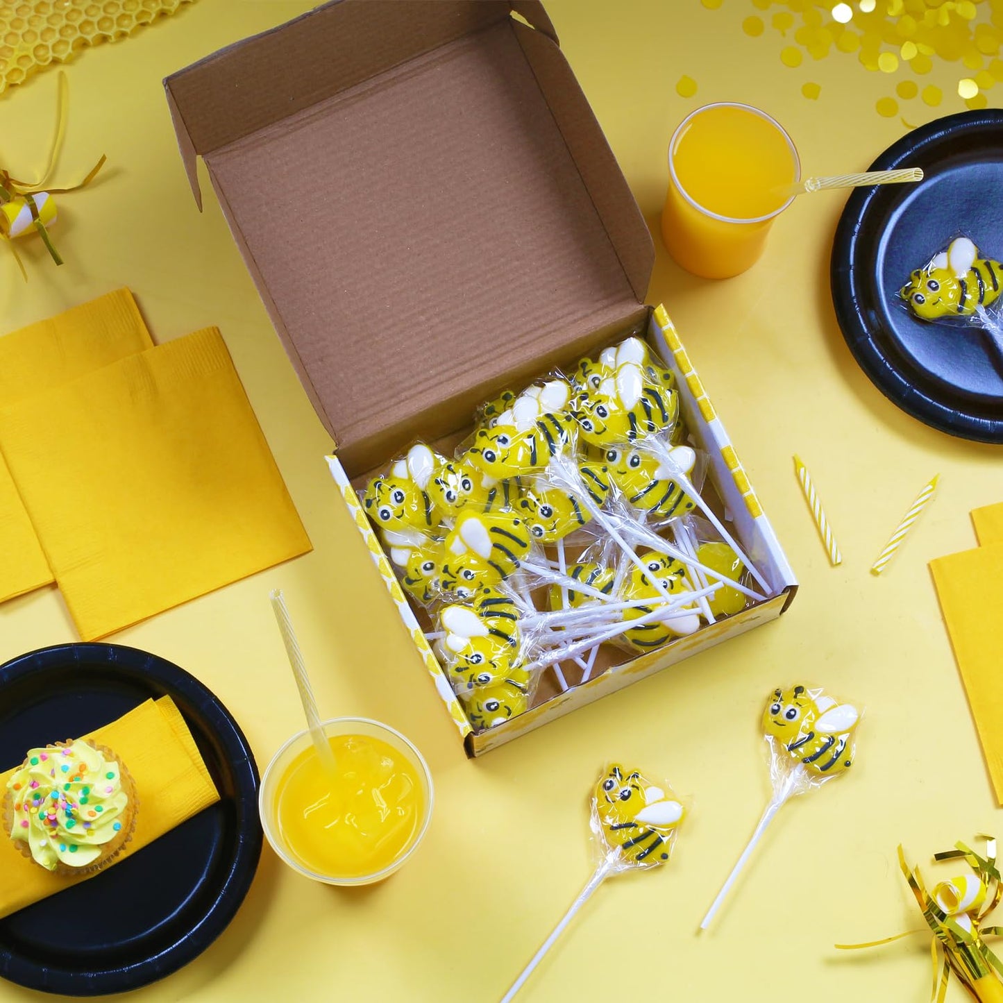 Bee Candy – 24 Individually Wrapped Lemon Flavored Suckers – Honey Bee Party Favors, Baby Showers, Edible Cupcake Toppers, Dessert Table Treats, Goodie Bag Lollipops for Kids