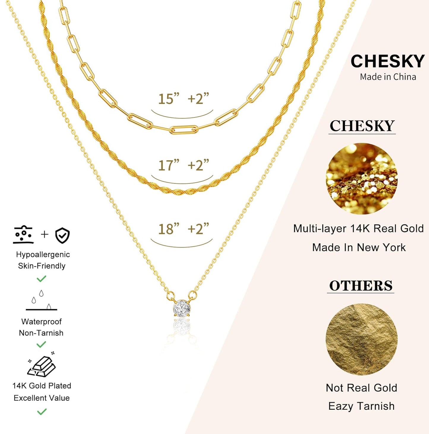 CHESKY Layered Necklaces for Women Trendy, Dainty 14K Gold Plated CZ Pendant Necklace Paperclip Rope Chain Necklace Gold Jewelry Set for Women Gifts