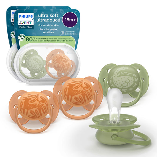 Philips Avent Ultra Soft Pacifiers - Orthodontic Design, for Babies 18 Months+, Flexible Shield, Extra-Firm Silicone Symmetrical Nipple, BPA-Free, with 2 Sterilizing Cases, 4 Pack, SCF093/07