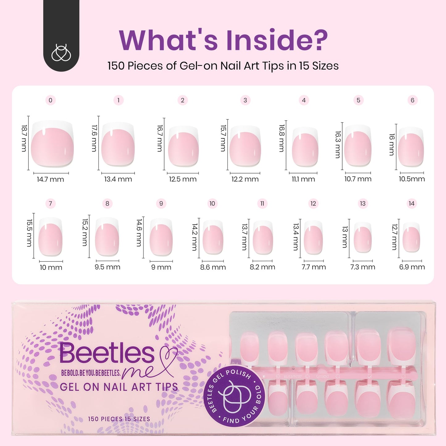 Beetles French Tip Press On Nails: 150 Pcs Pink Short Square Press On Nails 4 in 1 Nail Tips, Pre-Applied Primer & Base Coat, No File Need DIY Manicure for Nail Extension Gifts for Women